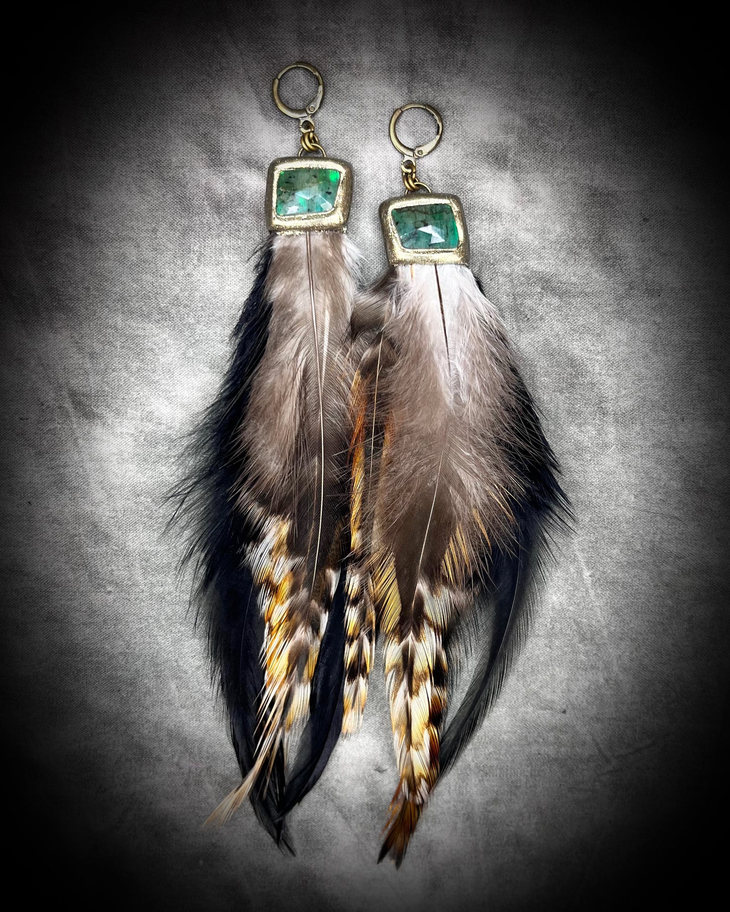 Emerald crystal heart chakra healing boho feather earrings.  Handmade gemstone and feather dangle earrings with ethically sourced elements for festival goddesses!