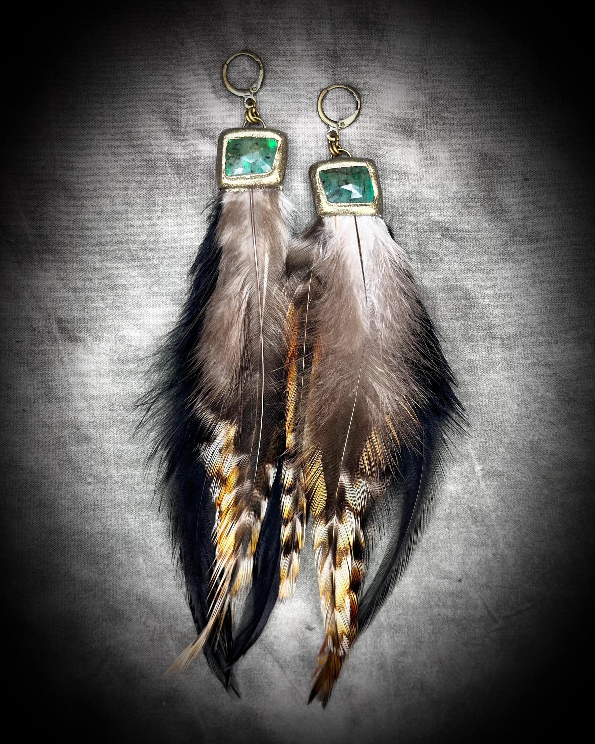 Emerald crystal heart chakra healing boho feather earrings.  Handmade gemstone and feather dangle earrings with ethically sourced elements for festival goddesses!