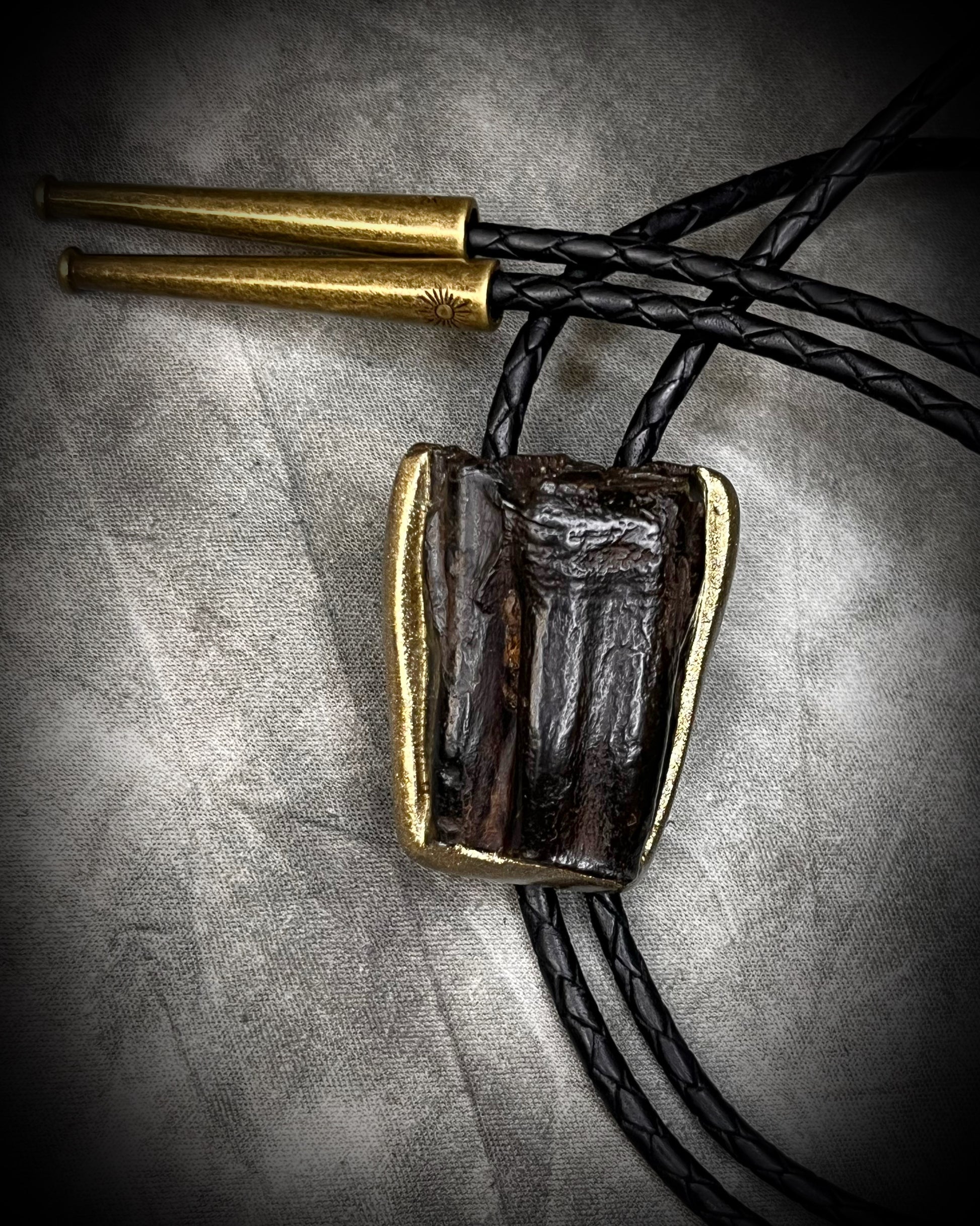 Equus Tooth horse fossil bolo tie for him. Handmade Western inspired bolo jewelry with genuine fossil and gold brass bolo tips on soft black leather. 2026 mens jewelry trends.