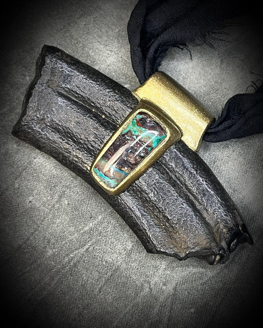 Equus fossil and chrysocolla talisman on black recycled silk, featuring ancient horse fossil material and blue-green chrysocolla, handmade by Become Spellbound in Baltimore, Maryland.