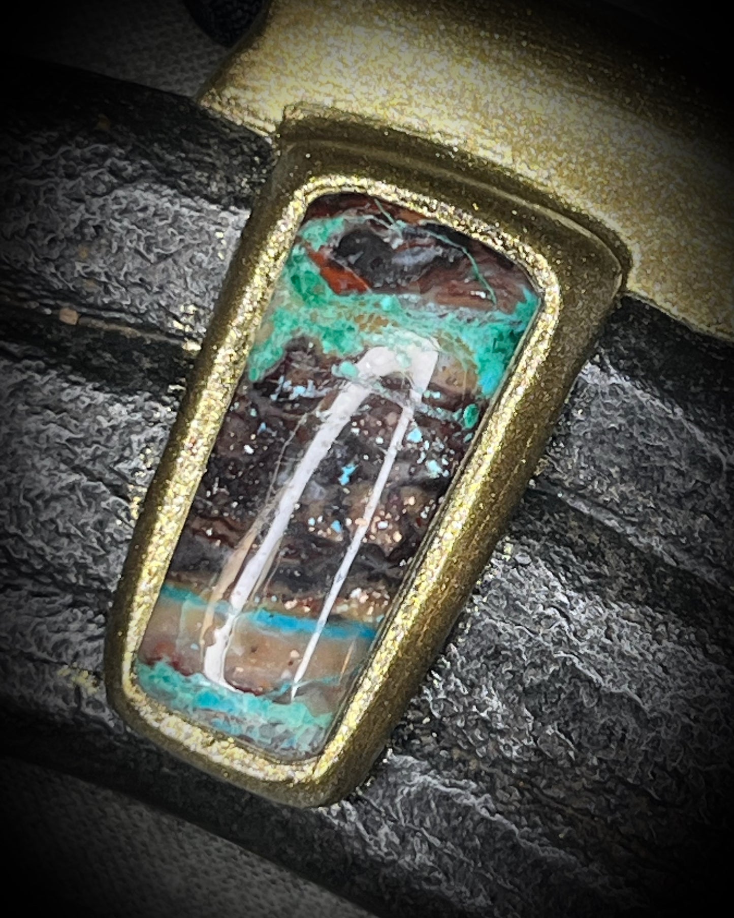 Equus fossil and hand-cut chrysocolla cabochon talisman on black recycled silk, handmade by Kari Dern of Become Spellbound in Baltimore, Maryland.
