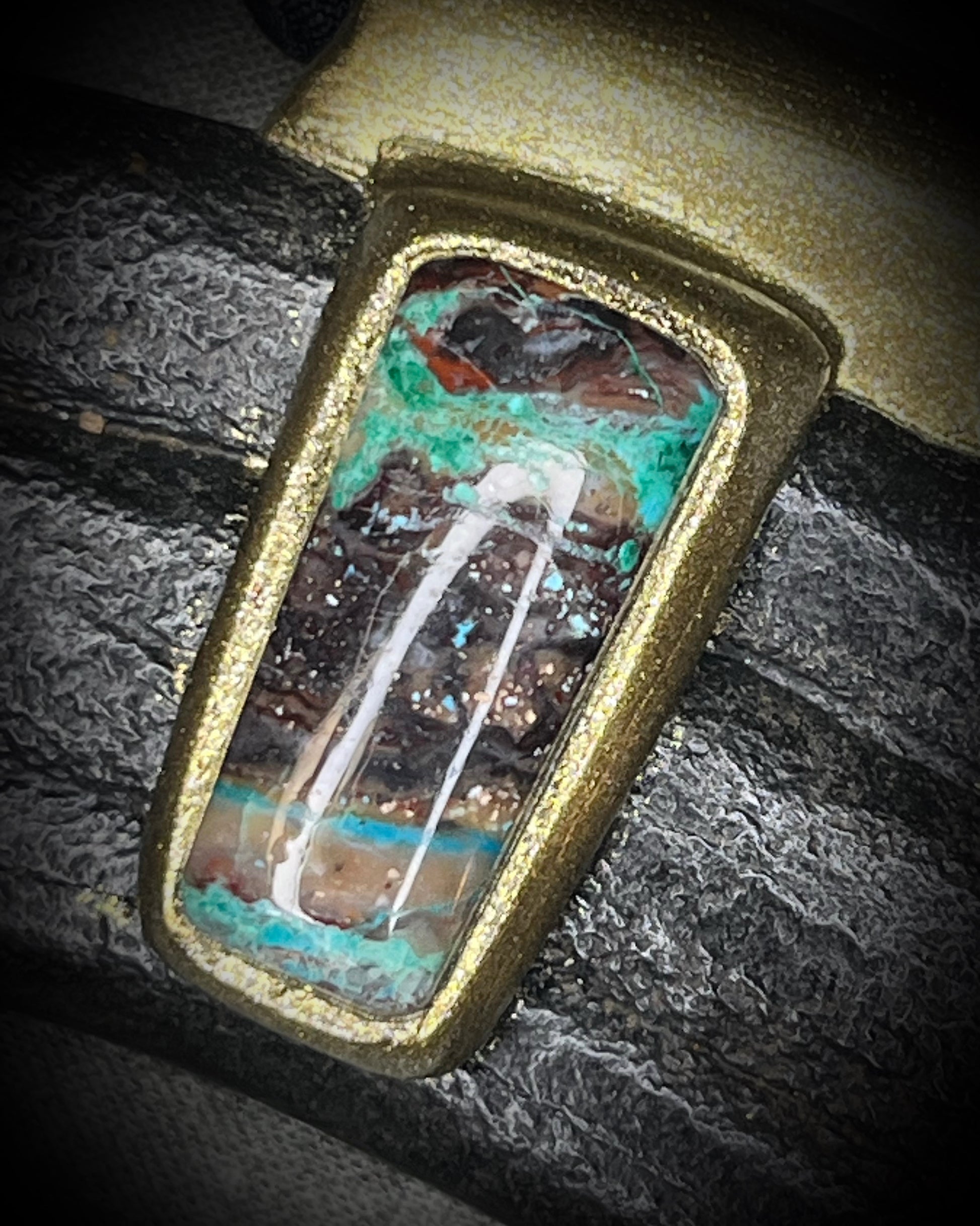 Equus fossil and hand-cut chrysocolla cabochon talisman on black recycled silk, handmade by Kari Dern of Become Spellbound in Baltimore, Maryland.