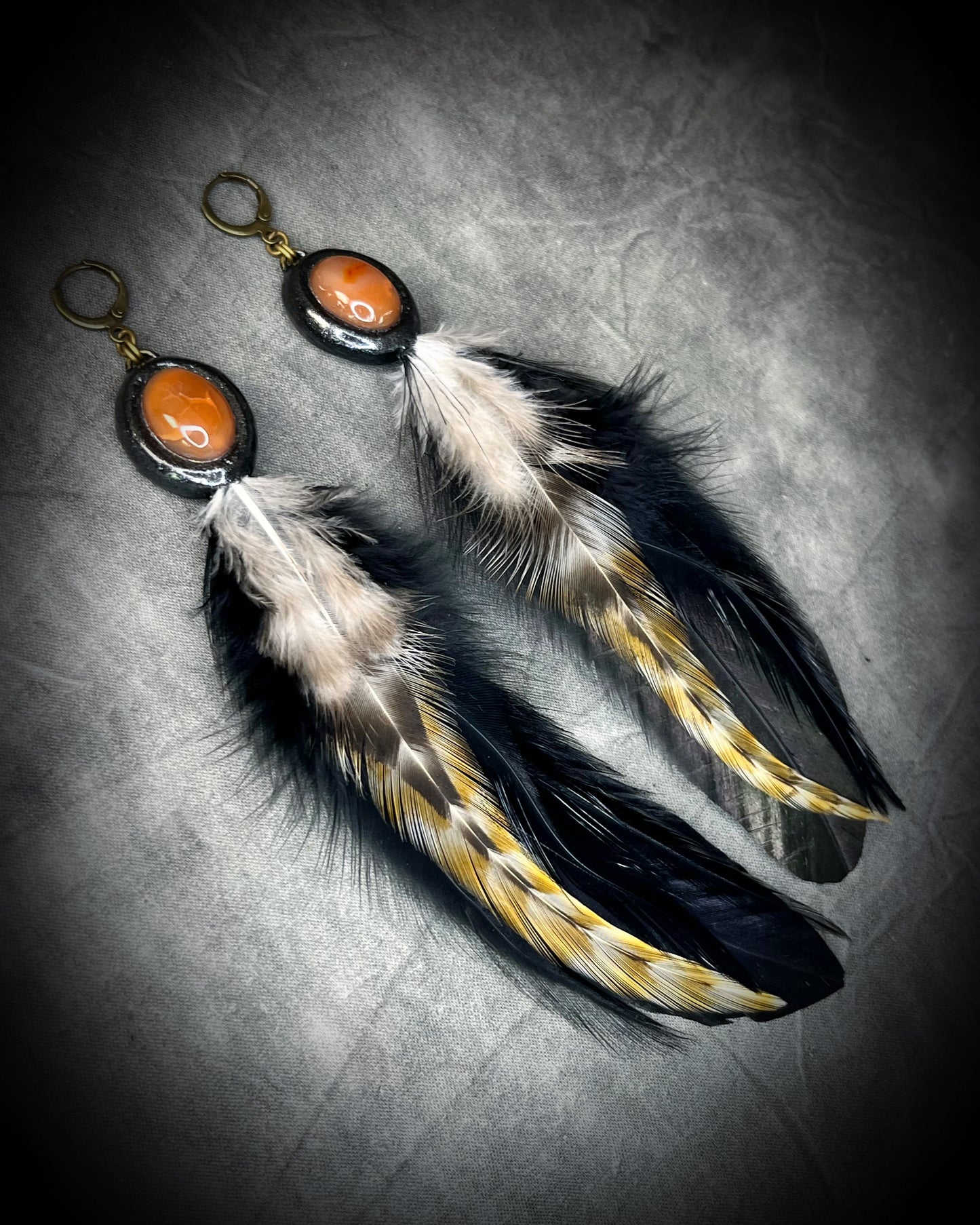 Handmade Carnelian crystal jewelry,  feather birthstone carnelian gemstone danngle earrings with brass huggie ear hooks.  Dangle drop earrings for gift for her, summer, fall, festivals and birthstone jewelry for Virgo. 