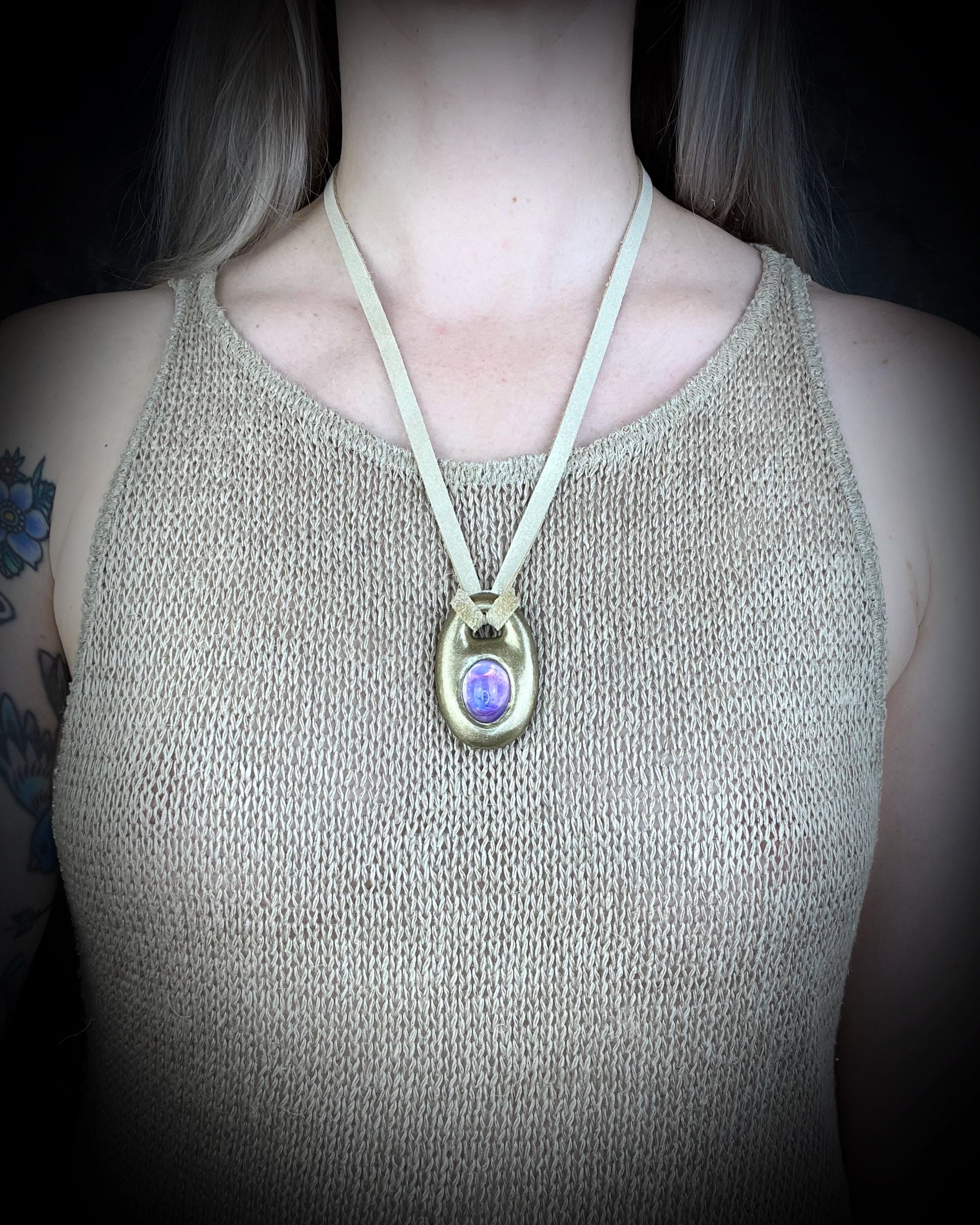 Oval handmade designer amethyst birthstone or bridal necklace for February and Aquarius. Customizable jewelry can be choker or pendant length.