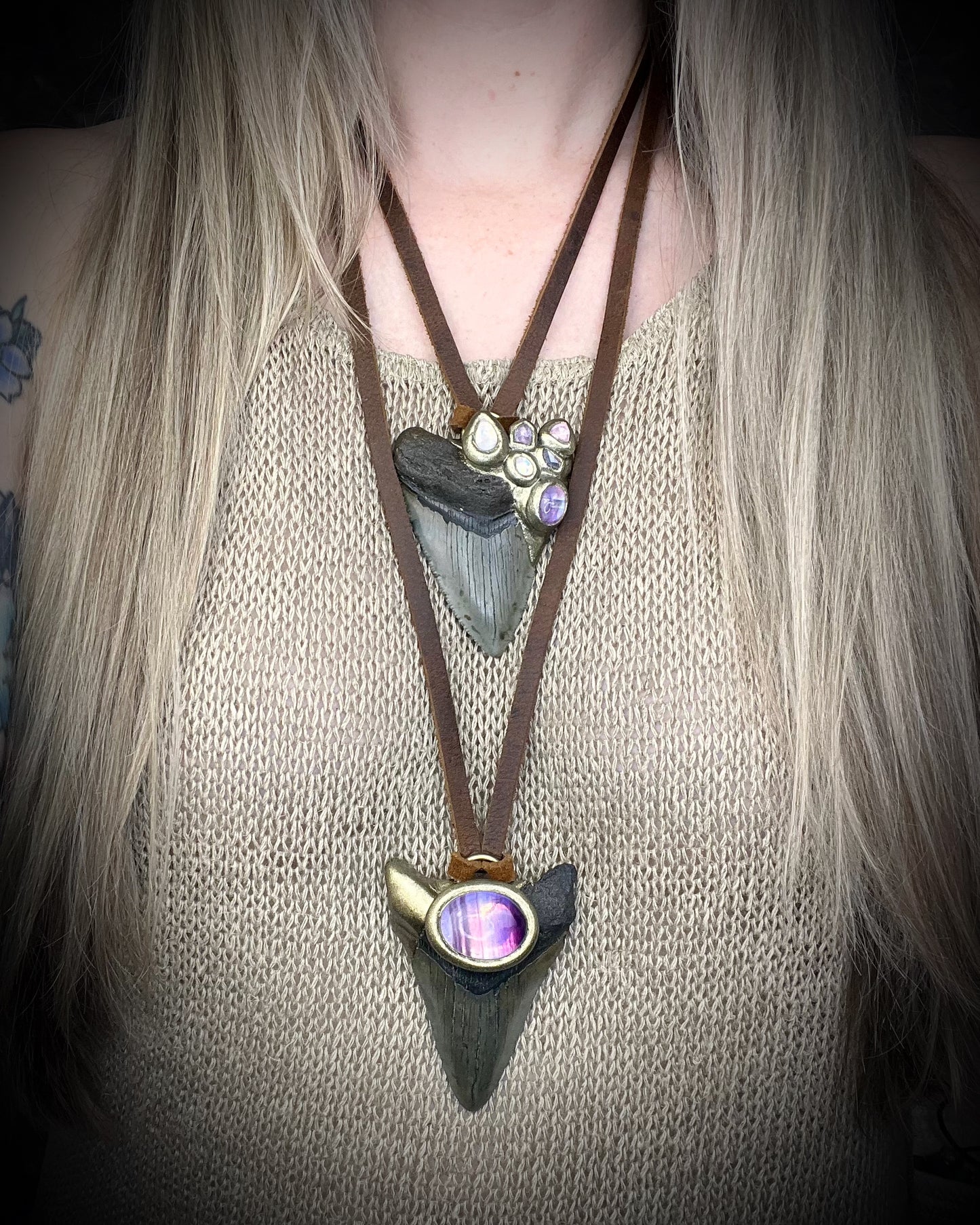Fantasy inspired handmade Megalodon Fossil Shark Tooth Talisman necklace with Moonstone, Spinel, Tourmaline and brown Leather for meditation, spiritual practice and everyday magic. 