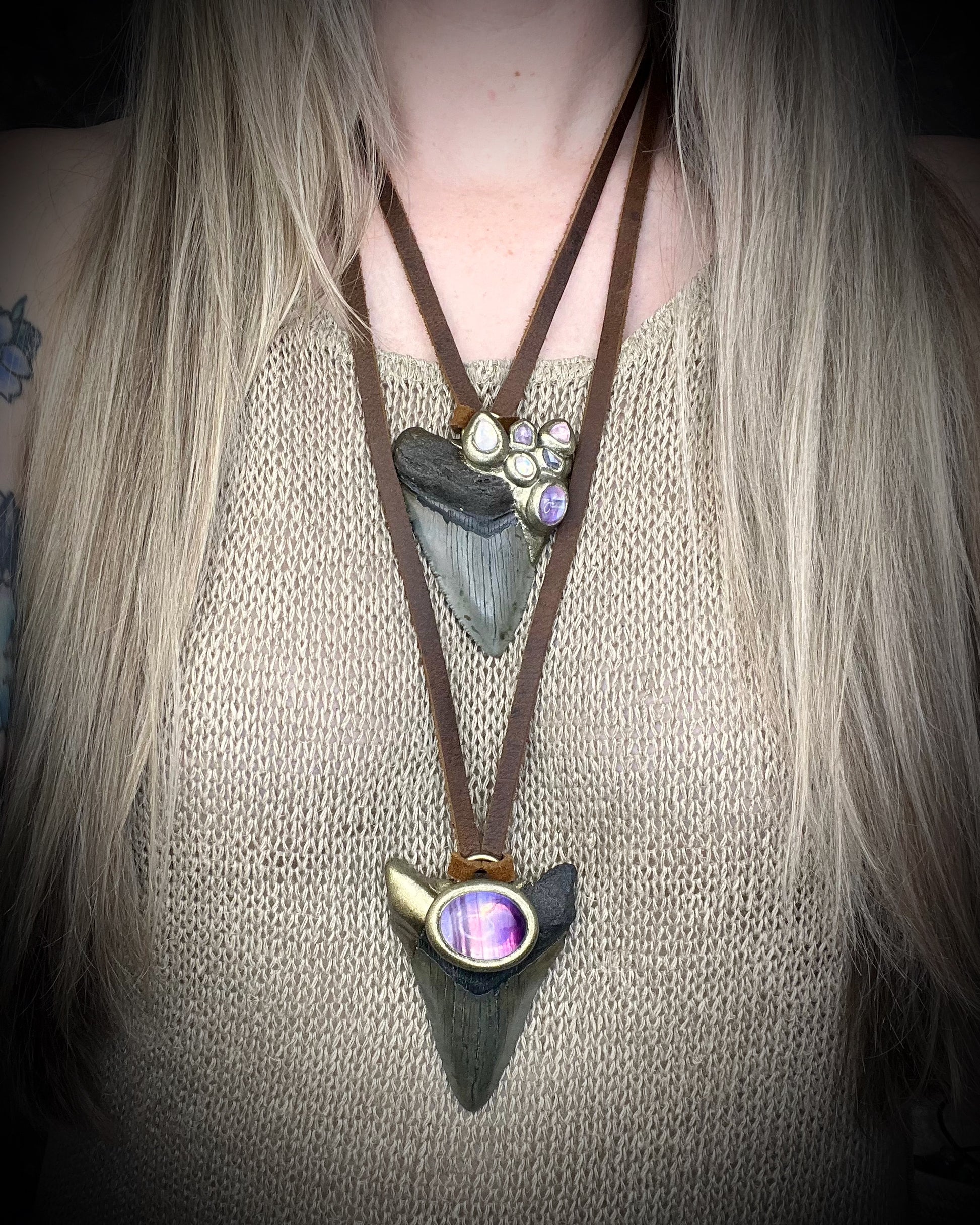 Fantasy inspired handmade Megalodon Fossil Shark Tooth Talisman necklace with Moonstone, Spinel, Tourmaline and brown Leather for meditation, spiritual practice and everyday magic. 