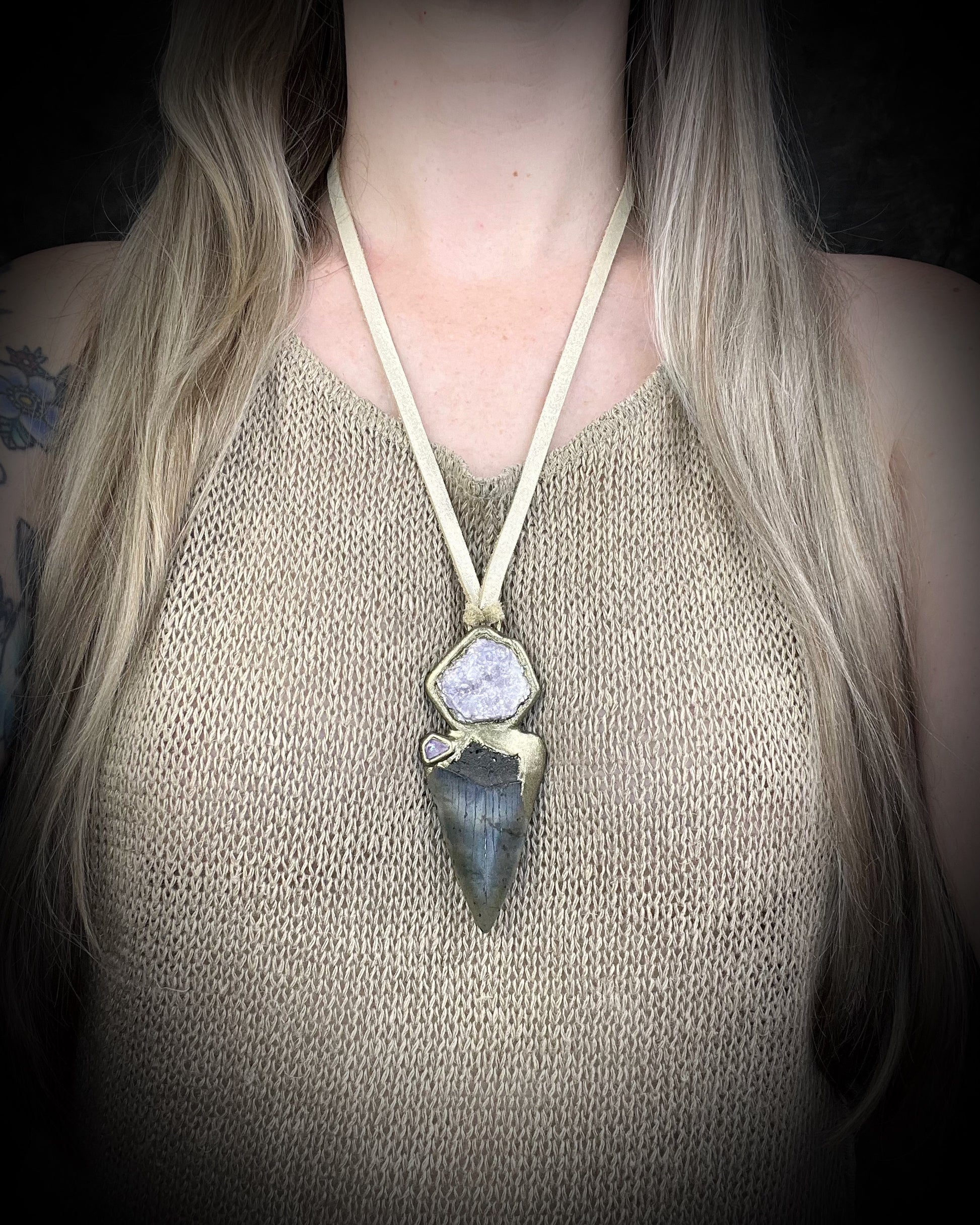 Fossil Mako Shark Tooth necklace adorned with soothing Lepidolite crystal and lavender spinel gemstone. Spiritual boho jewelry gift for her. 