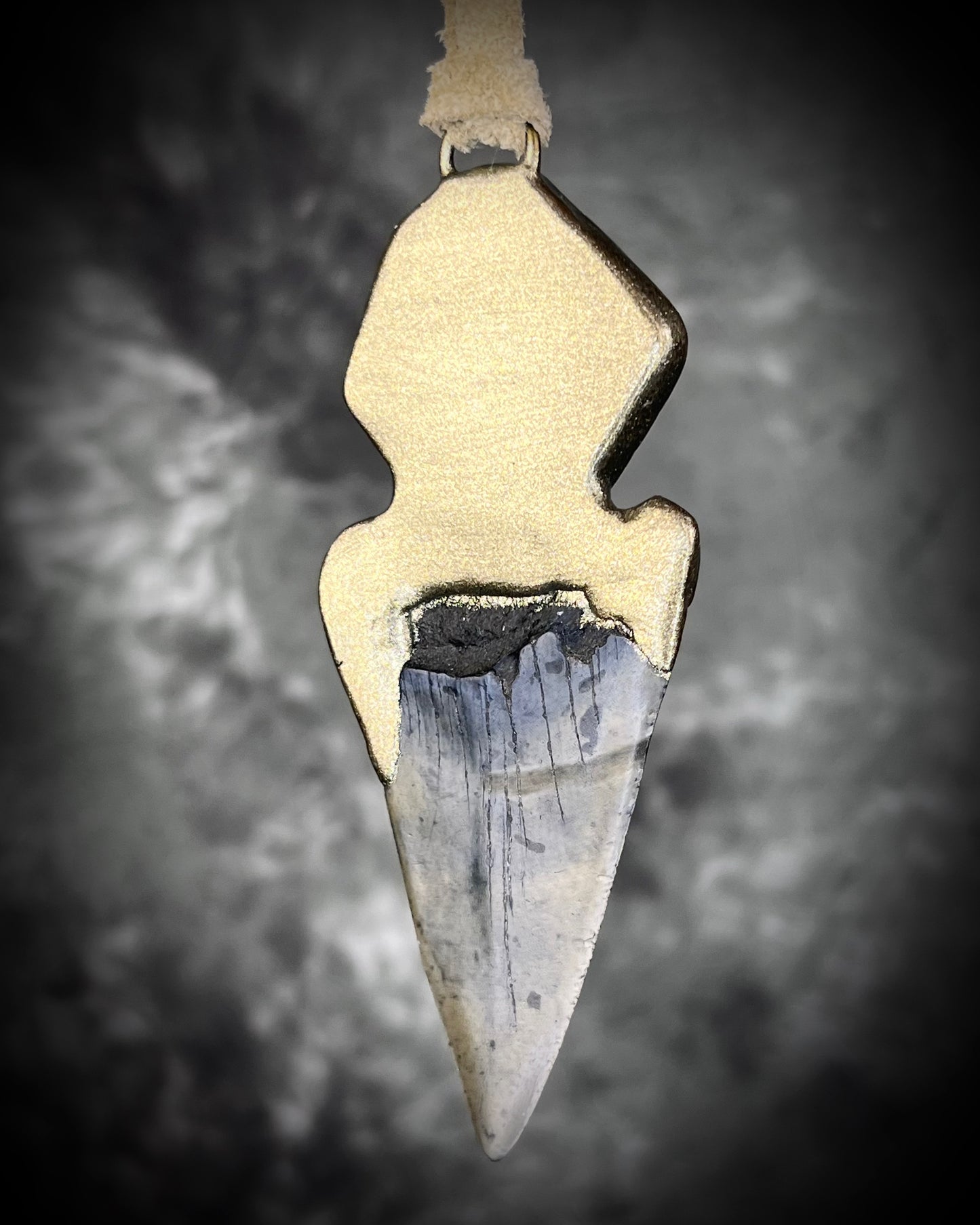 Fossil Mako Shark Tooth necklace hung from soft gold leather and adorned with soothing Lepidolite crystal and lavender spinel gemstone. Spiritual boho jewelry gift for her. 