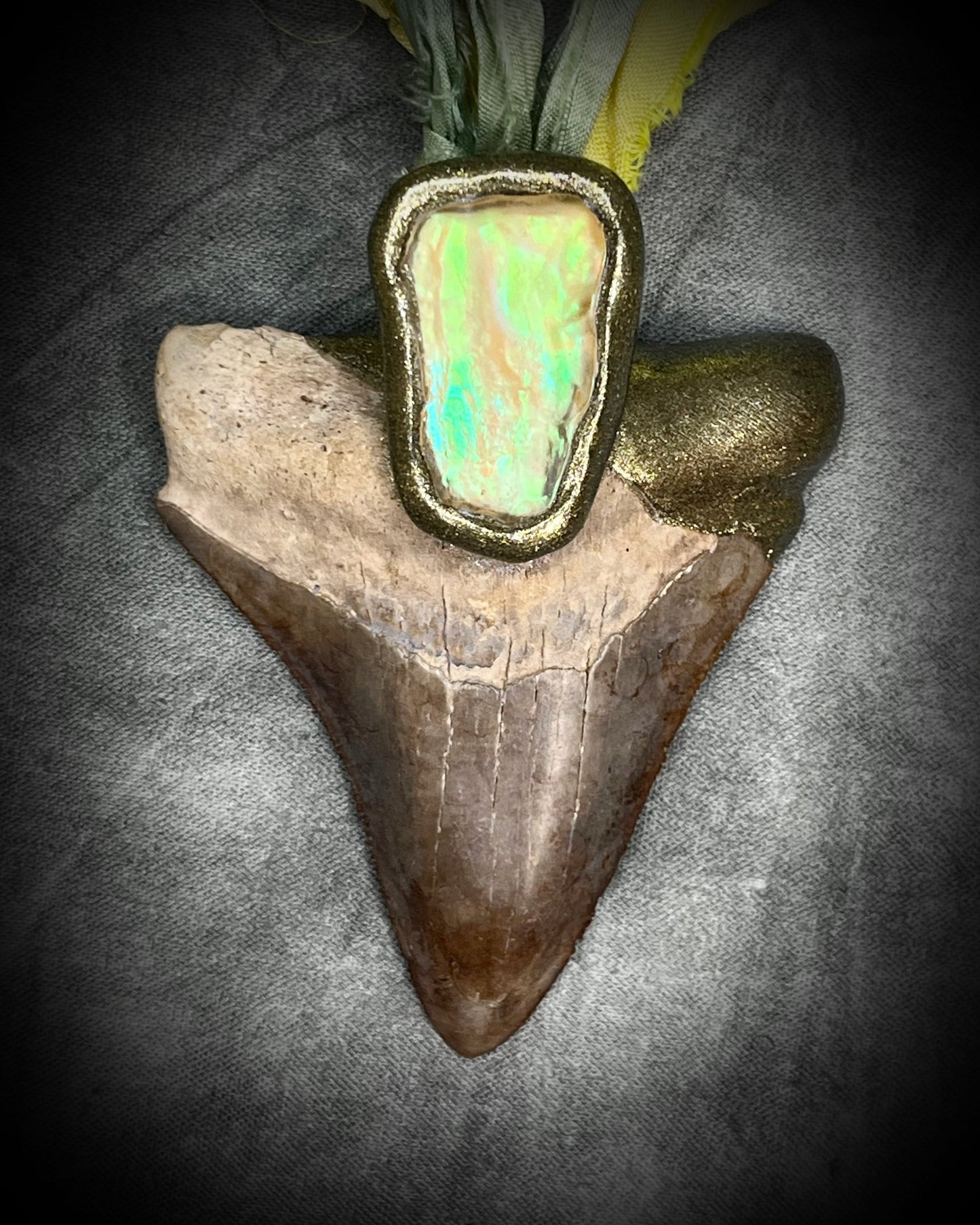 Genuine Megalodon fossil shark tooth talisman with Libyan Desert Glass and mint green and yellow recycled silk ties by Become Spellbound, Baltimore Magazine Best of Baltimore 2026 Jewelry winner.
