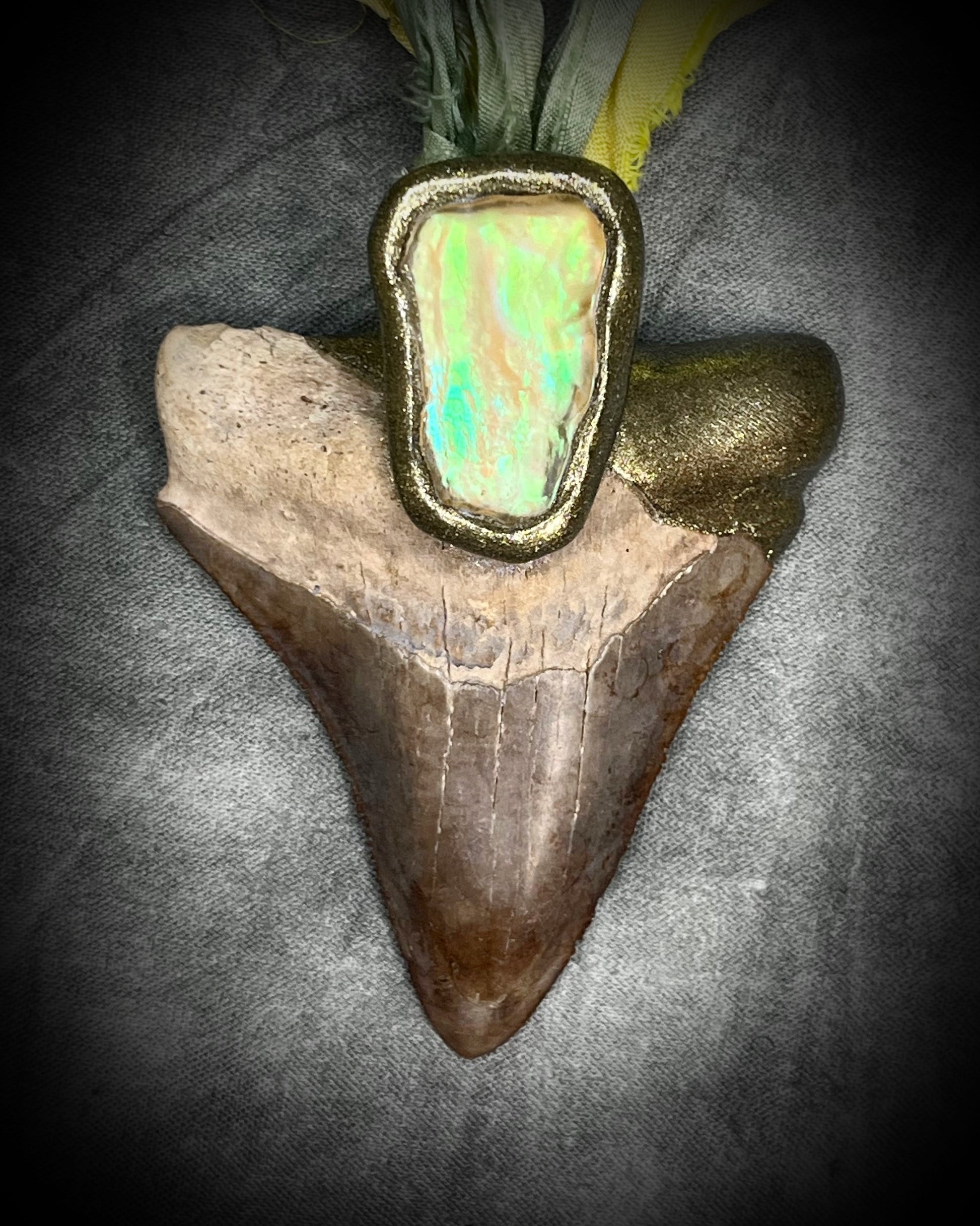 Genuine Megalodon fossil shark tooth talisman with Libyan Desert Glass and mint green and yellow recycled silk ties by Become Spellbound, Baltimore Magazine Best of Baltimore 2026 Jewelry winner.