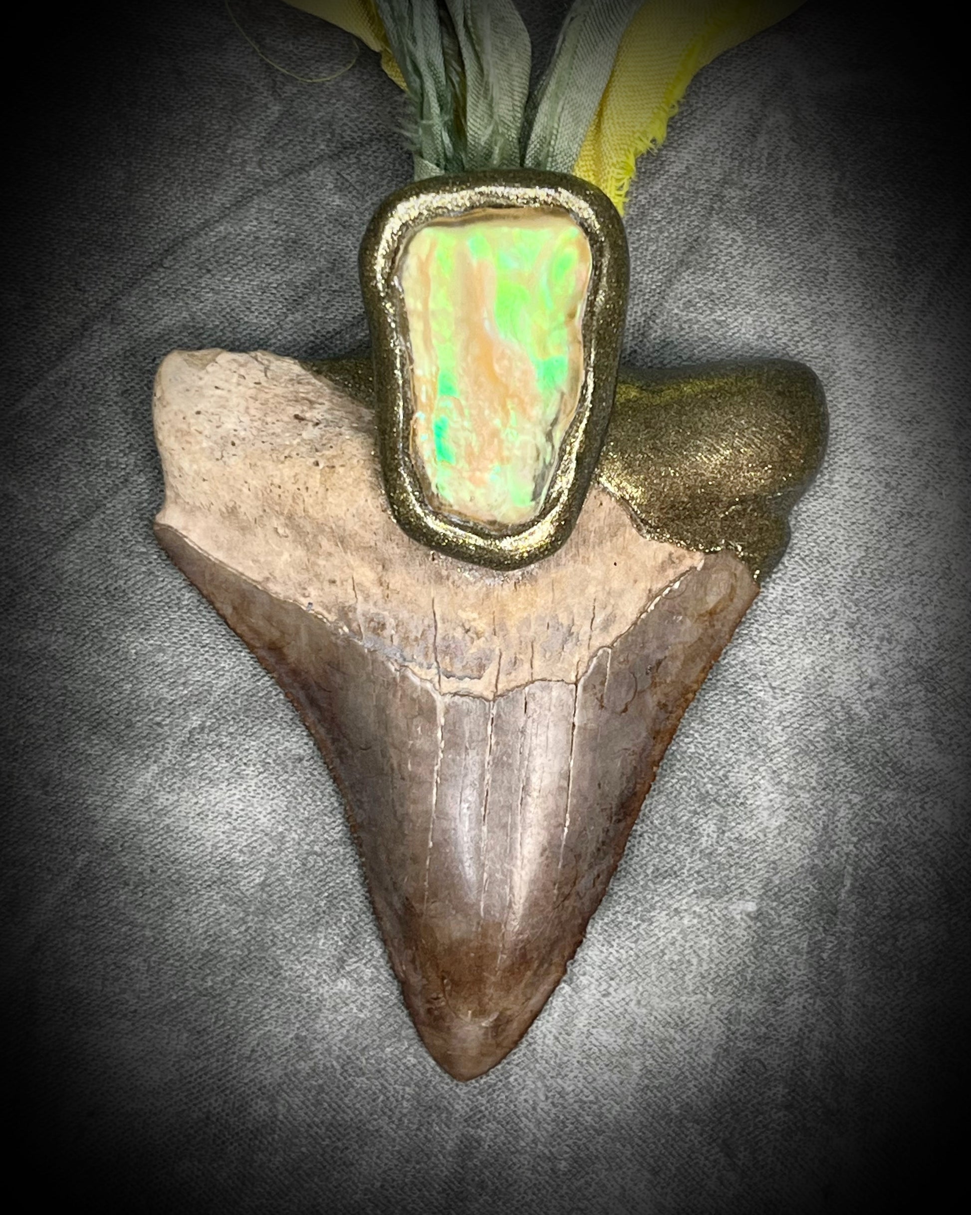 Genuine Megalodon fossil shark tooth talisman with Libyan Desert Glass and mint green and yellow recycled silk ties by Become Spellbound, Baltimore Magazine Best of Baltimore 2026 Jewelry winner.