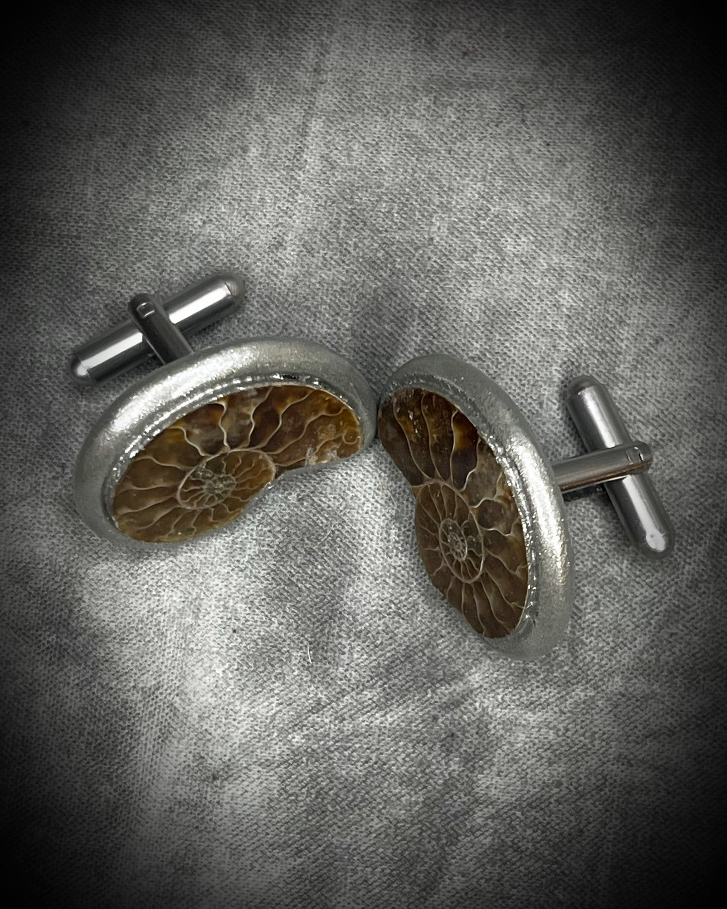 A pair of round cufflinks featuring detailed brown and gold ammonite fossils set in silver-tone metal, displayed on a textured gray background.