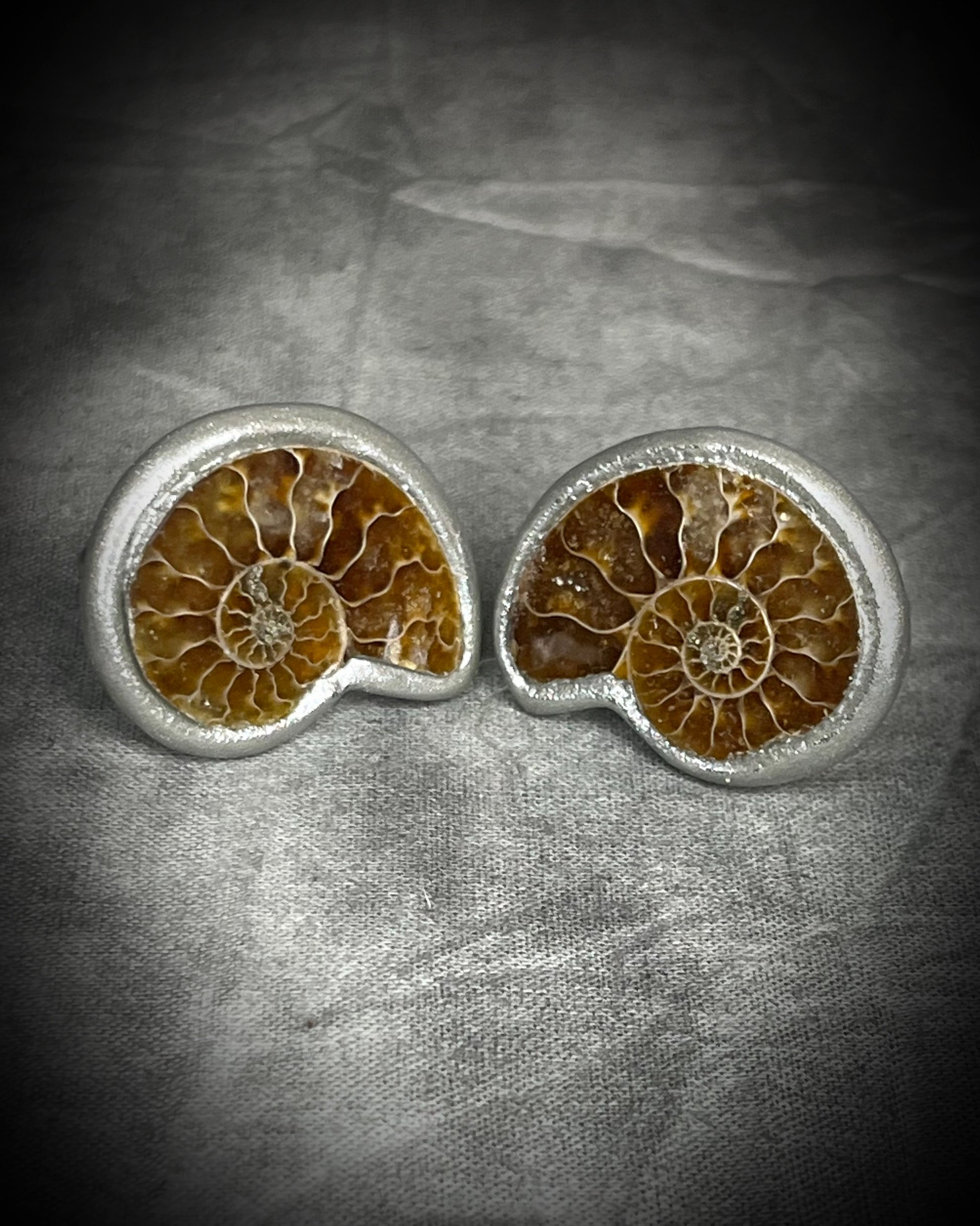 Genuine ammonite fossil cufflinks with silver finish and stainless steel cufflink bases, featuring natural spiral fossils. One-of-a-kind mens accessories by Become Spellbound.