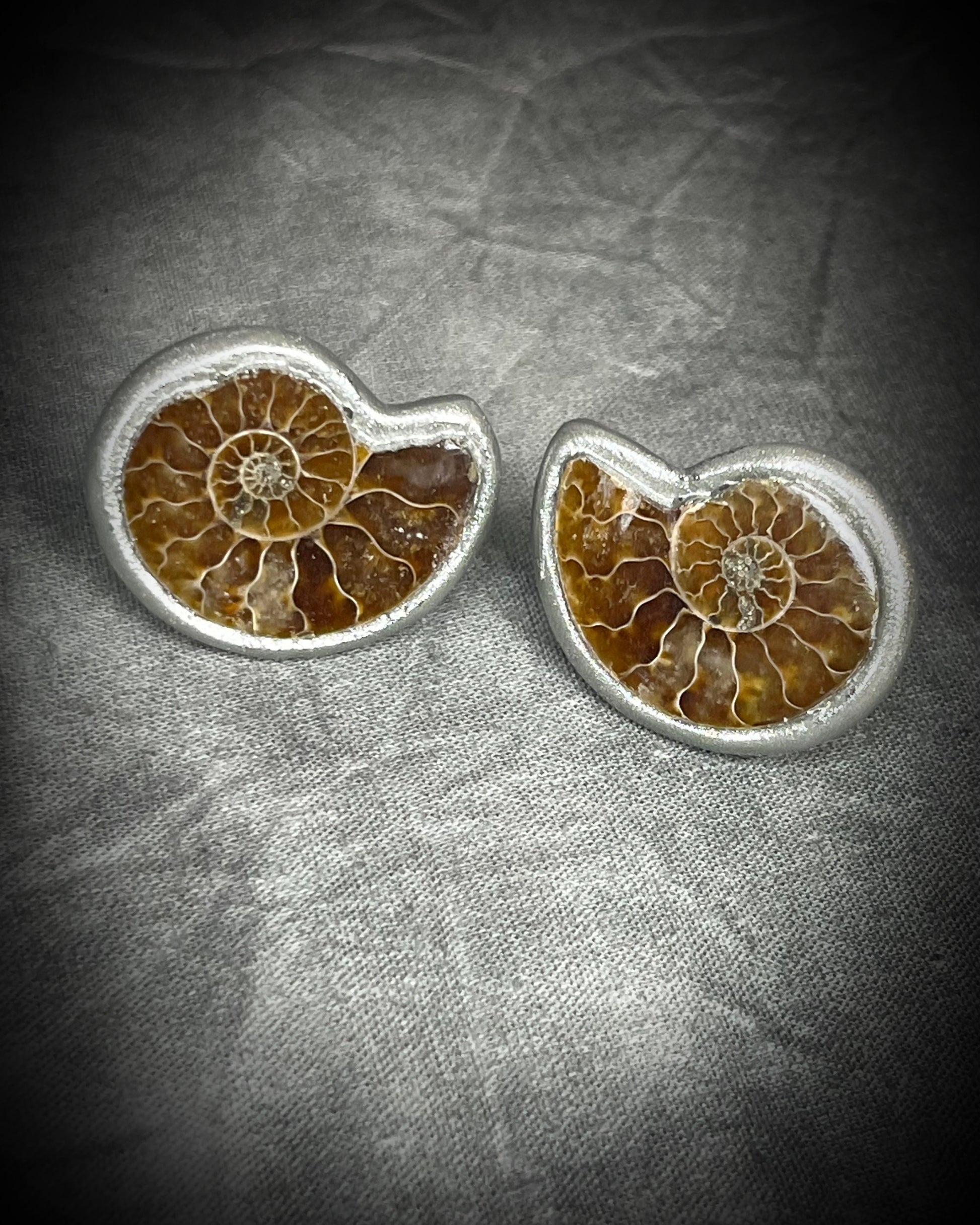 Genuine ammonite fossil cufflinks with silver finish and stainless steel cufflink bases, featuring natural spiral fossils. One-of-a-kind mens accessories by Become Spellbound.