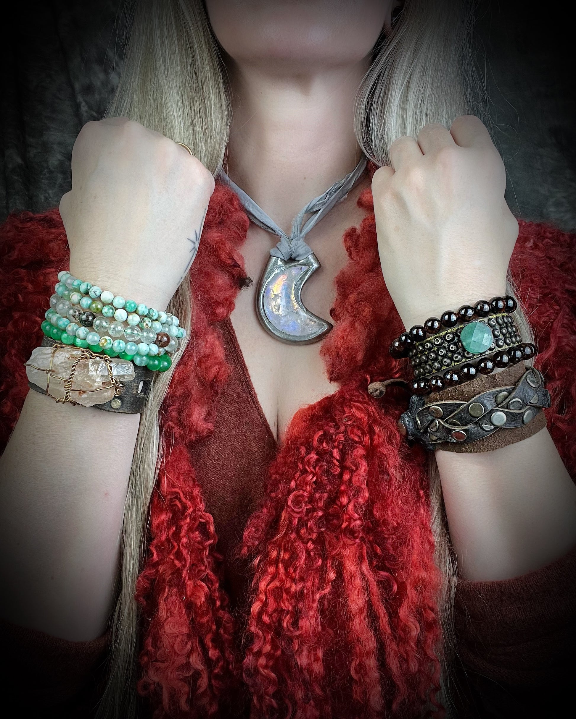 Golden brown studded leather cuff bracelet featuring a circular Green Aventurine focal stone. Rugged leatherwork with a lucky, calming stone, gift for him or her.