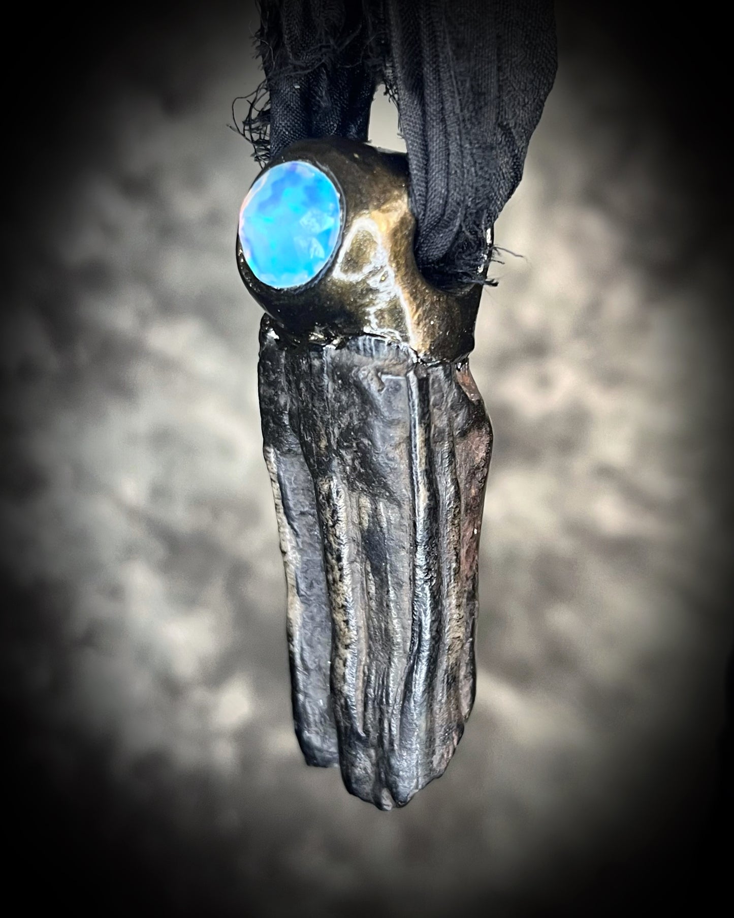 Gothic Equus fossil necklace with opal gemstone, handmade mystical talisman jewelry, prehistoric horse fossil pendant.