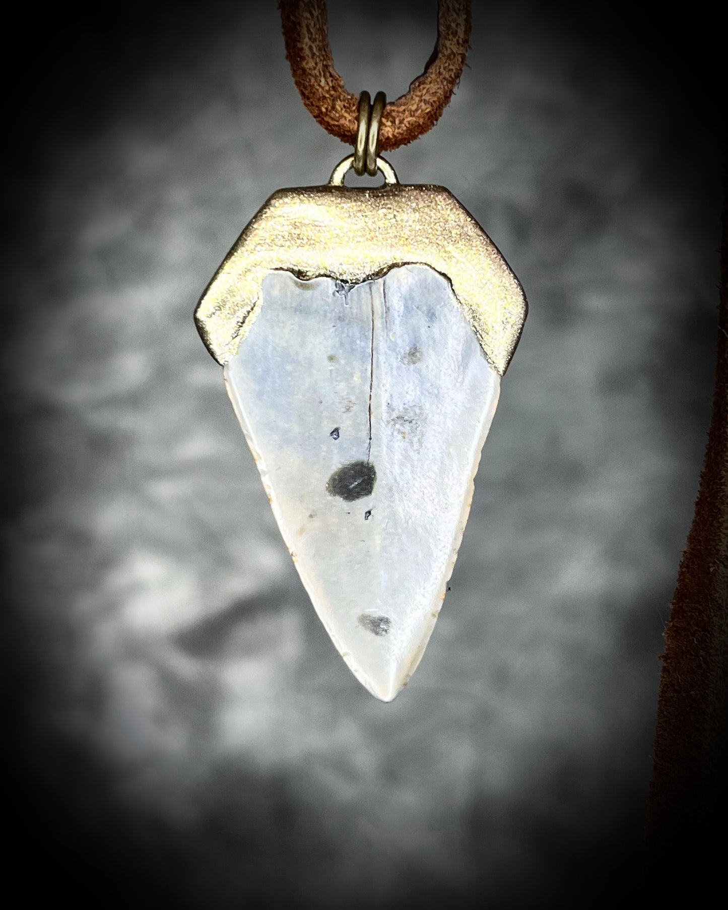 Great White Shark tooth pendant necklace on brown leather cord, handmade fossil jewelry with earthy, ocean-inspired style.