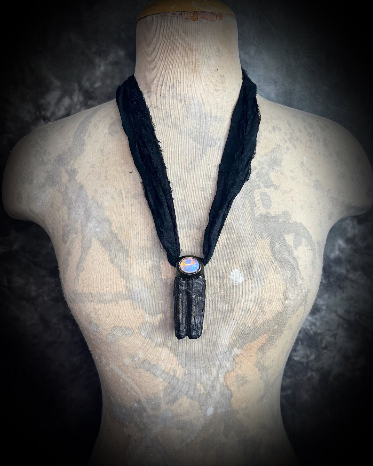 Handcrafted Equus fossil and opal necklace, mystical talisman jewelry for resilience, protection, and spiritual power.