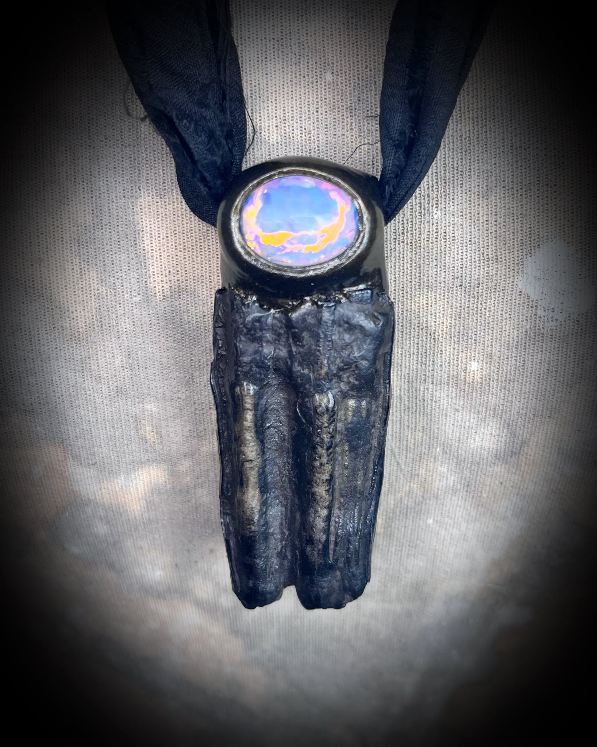 Handcrafted Equus fossil and opal necklace, mystical talisman jewelry for resilience, protection, and spiritual power.
