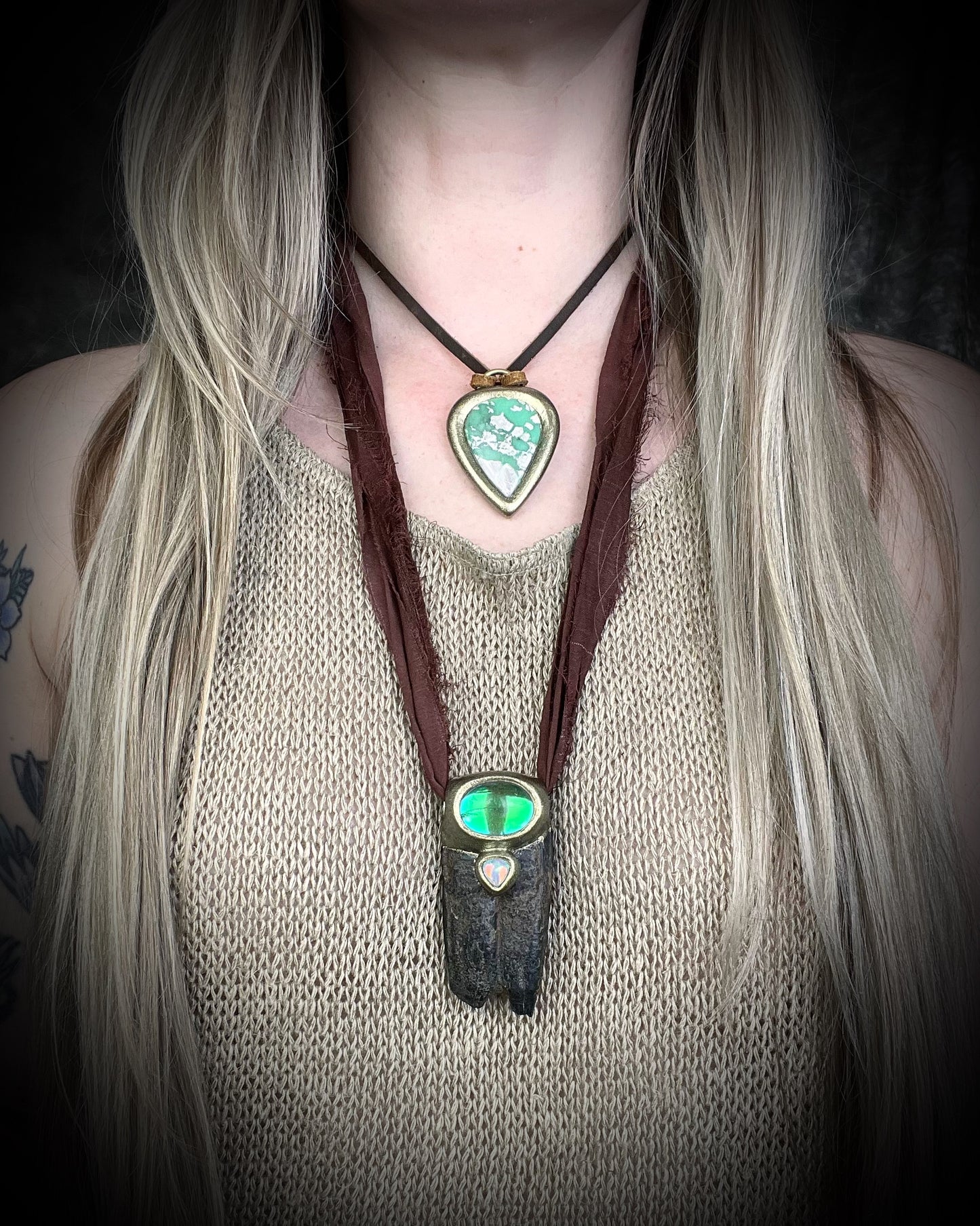 Handcrafted Equus fossil, fluorite crystal and opal necklace, mystical talisman jewelry for resilience, protection, and spiritual power.