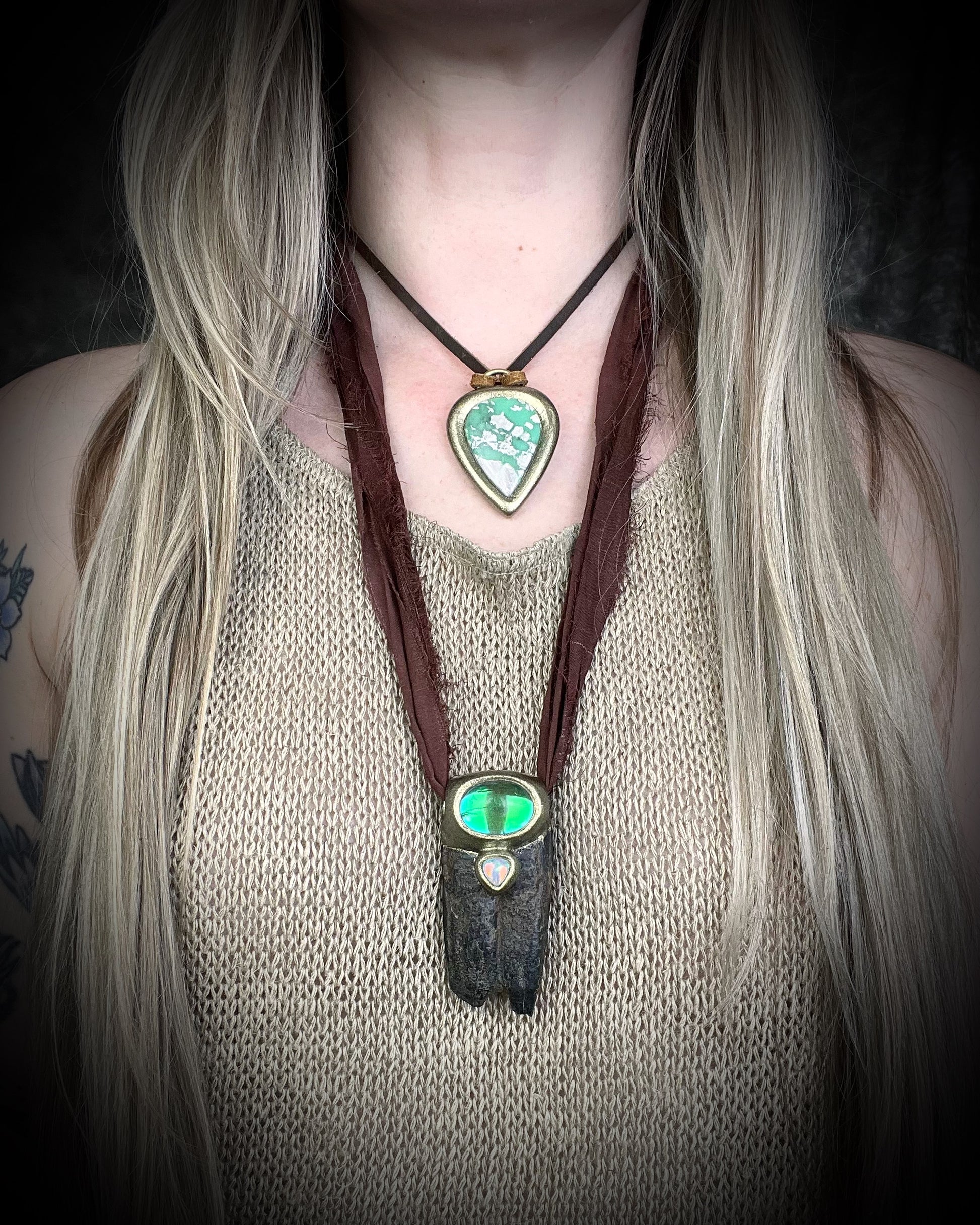 Handcrafted Equus fossil, fluorite crystal and opal necklace, mystical talisman jewelry for resilience, protection, and spiritual power.