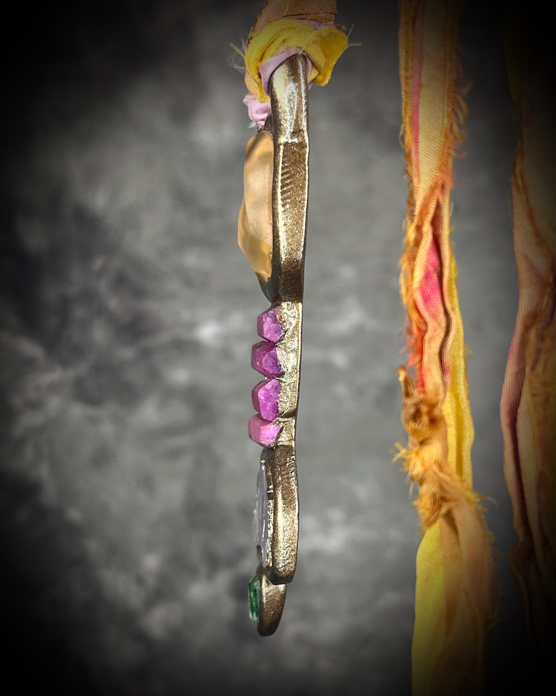 Handcrafted Libyan Desert Glass, Ruby, Lepidolite and Green Tourmaline Museum grade talisman pendant hung from recycled silks in a gold sculptural finish. 