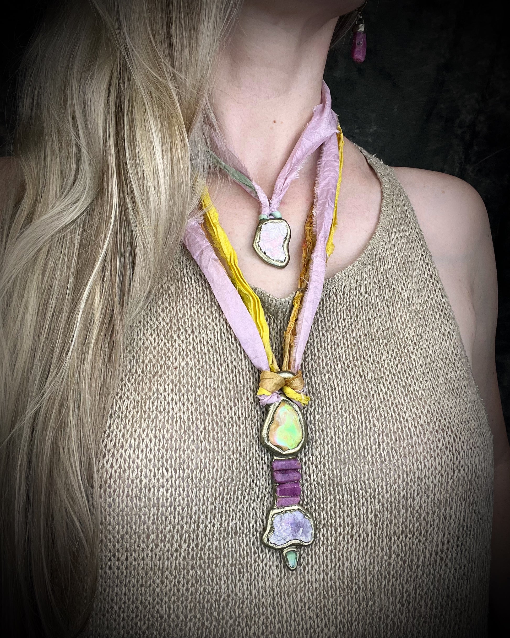 Handcrafted Libyan Desert Glass, Ruby, Lepidolite and Green Tourmaline Museum grade talisman pendant hung from recycled silks in a gold sculptural finish. 