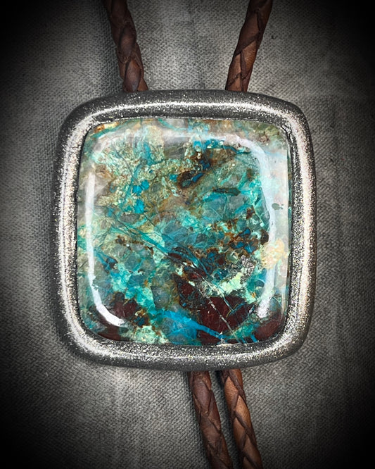 Handmade Chrysocolla Bolo Tie in Silver Finish with Silver Tips on Brown Braided Leather. Artisan modern bolo tie gift for him. 