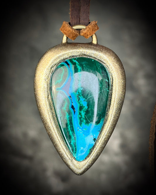 Handmade Malachite Chrysocolla Teardrop Pendant on Brown Leather with Gold Finish. Heart Chakra Necklace gift for her. 