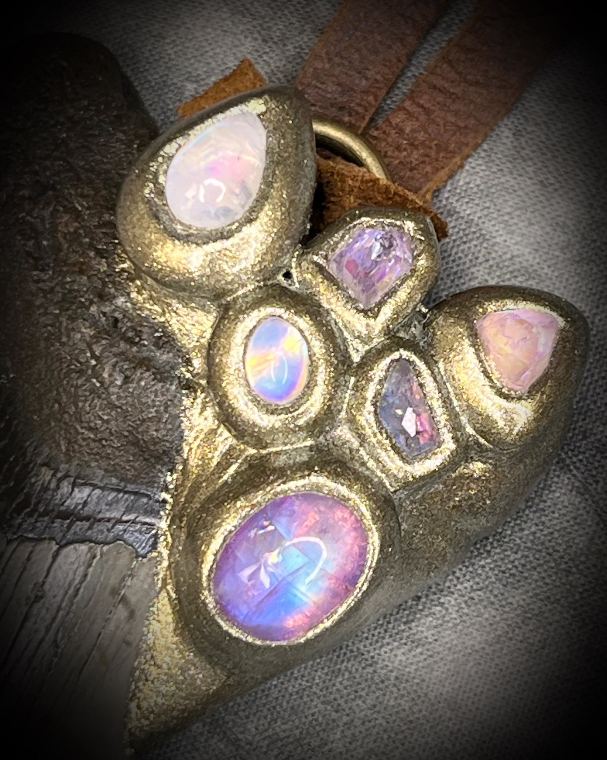 Handmade Megalodon Fossil Shark Tooth Talisman with Moonstone, Spinel, Tourmaline and brown Leather for meditation, spiritual practice, cosplay or summer ocean jewelry. 