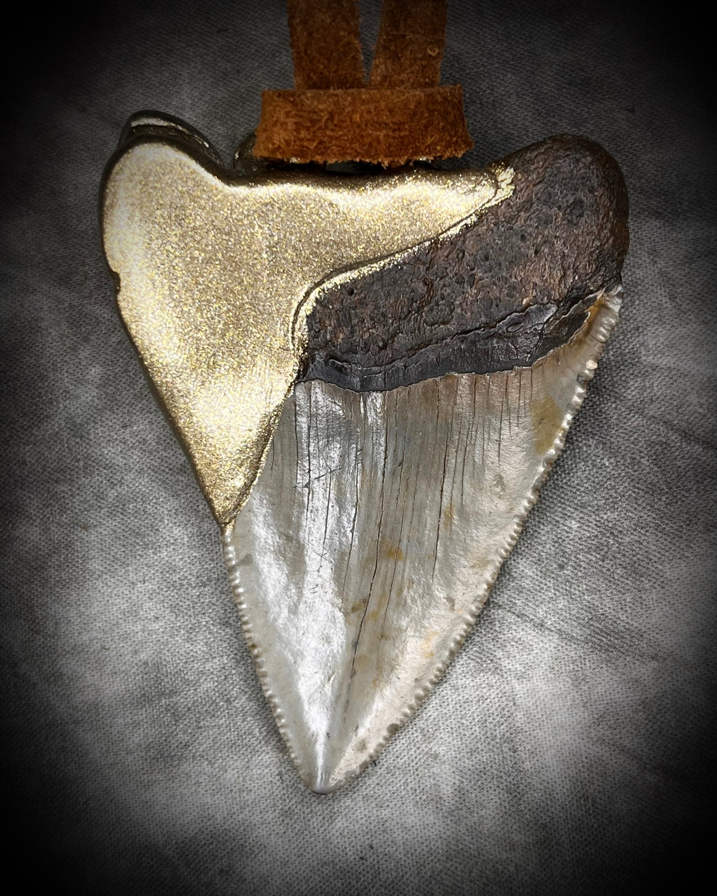 Handmade Megalodon Fossil Shark Tooth Talisman with Moonstone, Spinel, Tourmaline gemstones, hung from brown Leather for earthy elegance.