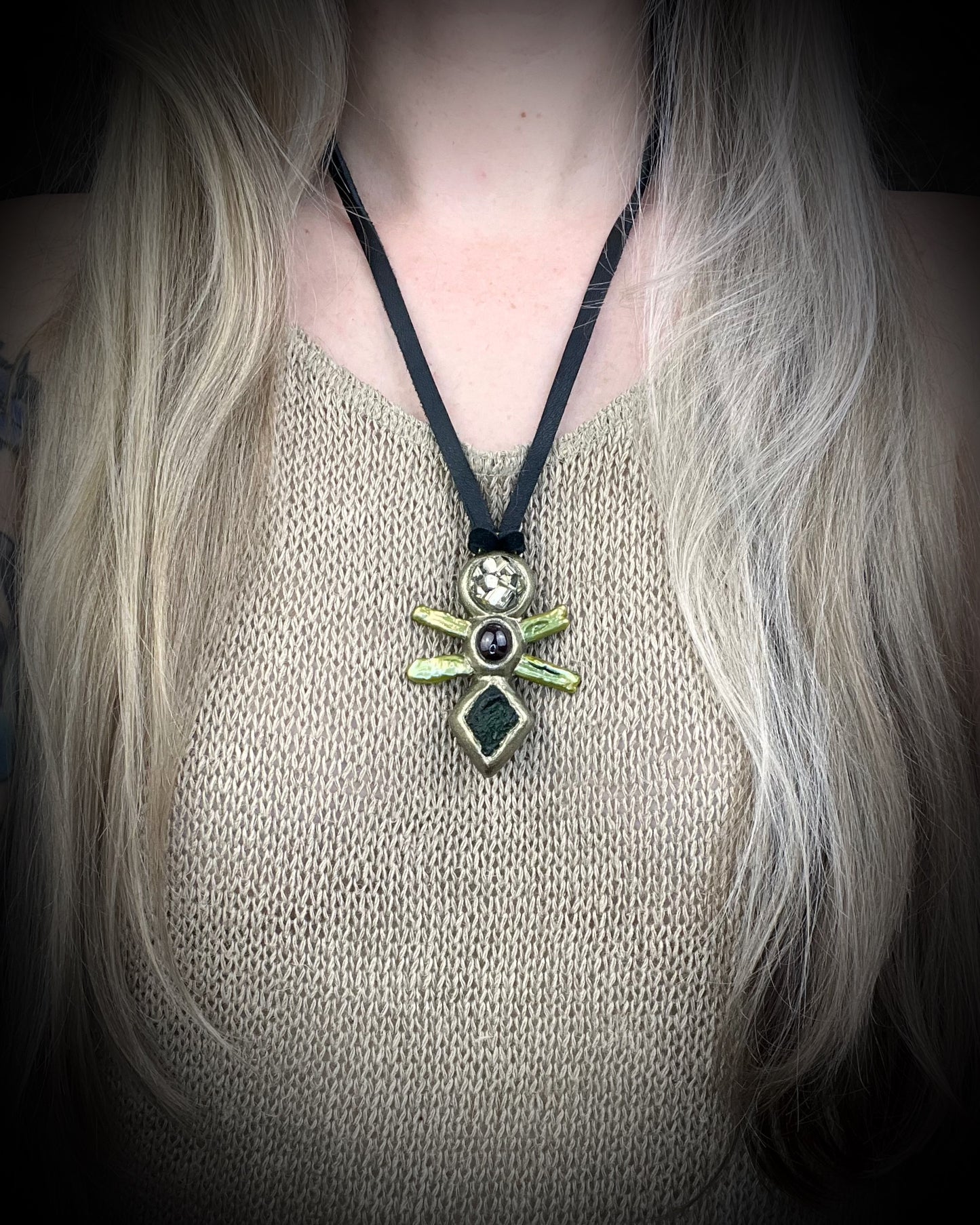 Handmade Moldavite Power Talisman Necklace with Pyrite, Garnet and Green Pearls. Transformation pendant hung from soft black leather. Unisex spiritual elevation talisman.