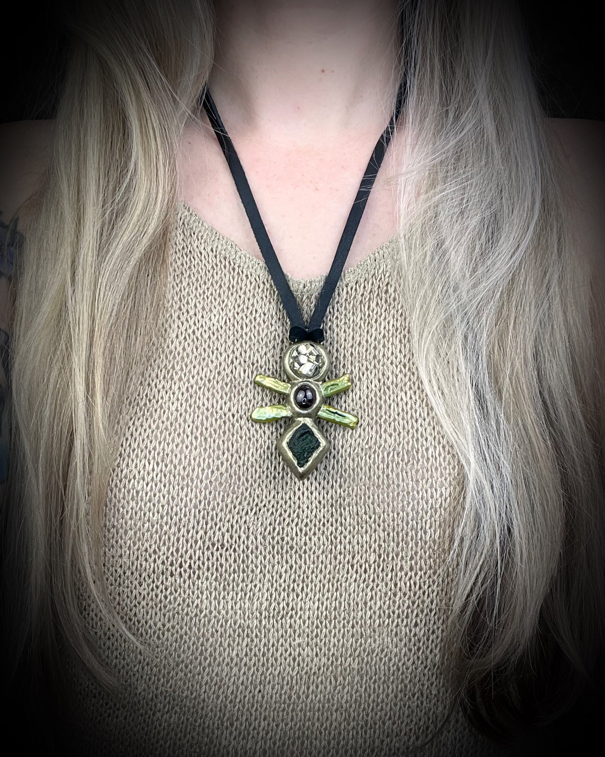 Handmade Moldavite Power Talisman Necklace with Pyrite, Garnet and Green Pearls. Transformation pendant hung from soft black leather. Unisex spiritual elevation talisman.
