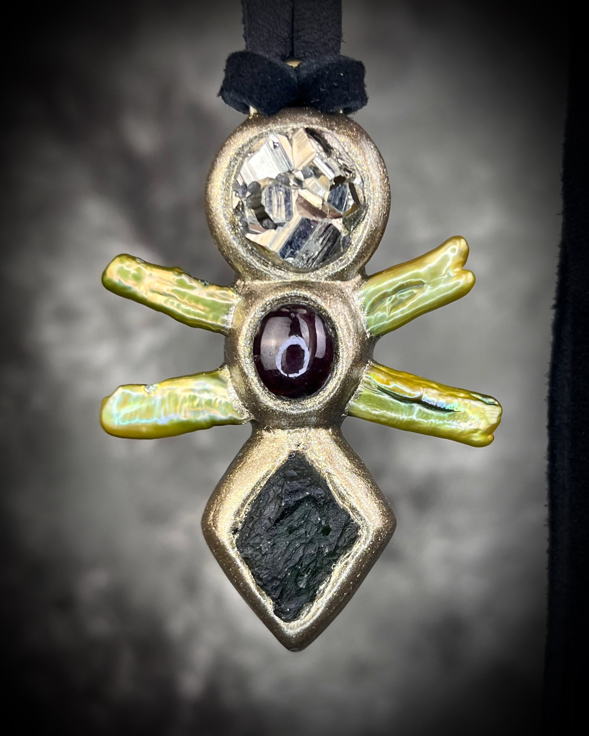 Handmade Moldavite Power Talisman Necklace with Pyrite, Garnet and Green Pearls. Transformation pendant hung from soft black leather. Unisex spiritual elevation talisman. Gift for her.