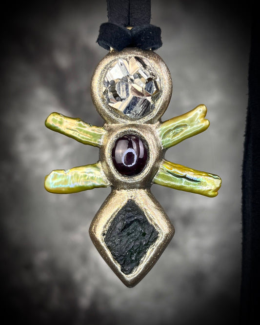 Handmade Moldavite Power Talisman Necklace with Pyrite, Garnet and Green Pearls. Transformation pendant hung from soft black leather. Unisex spiritual elevation talisman. Gift for her.