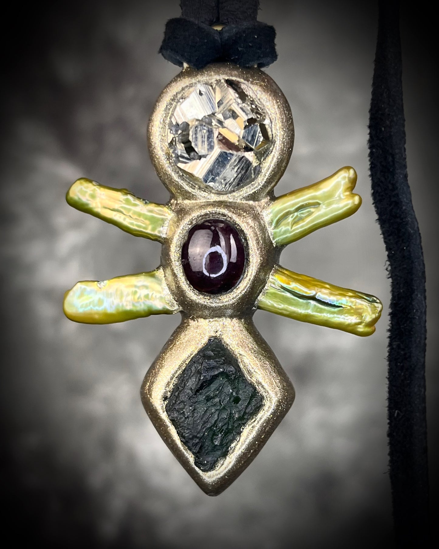 Handmade Moldavite Power Talisman Necklace with Pyrite, Garnet and Green Pearls. Transformation pendant hung from soft black leather. Unisex spiritual elevation talisman. Gift for her.