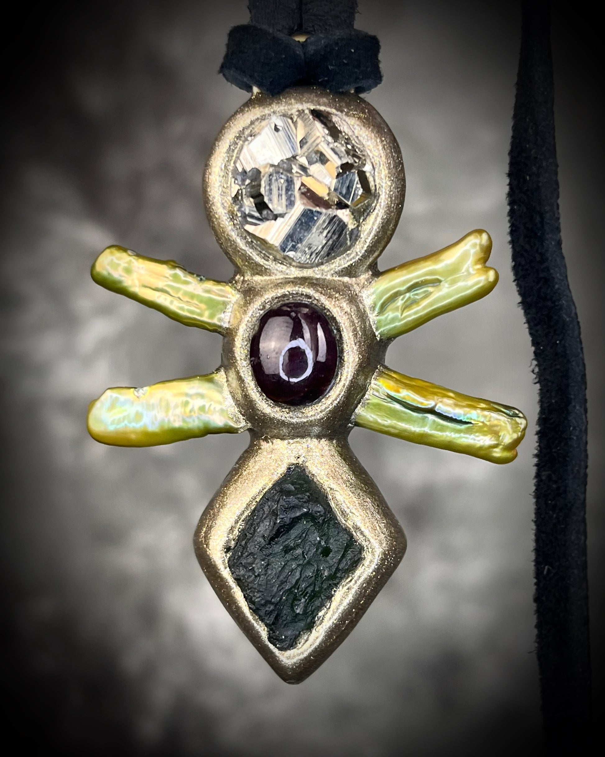 Handmade Moldavite Power Talisman Necklace with Pyrite, Garnet and Green Pearls. Transformation pendant hung from soft black leather. Unisex spiritual elevation talisman. Gift for her.
