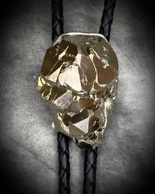 Handmade chunky crystal Pyrite Manifestation Bolo Tie on Black Leather with gold details and bolo tips. Abundance Crystal Bolo Gift for Him