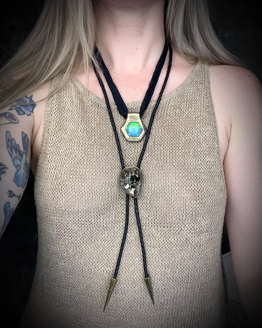 Handmade chunky crystal Pyrite Manifestation Bolo Tie on Black Leather with gold details and bolo tips. Abundance Crystal Bolo Gift for Him