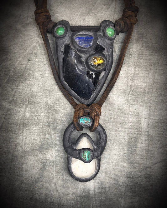 Handmade double strand crystal necklace with obsidian, lapis lazuli, citrine, chrysocolla, quartz, turquoise, black and brown leather, and handmade wire clasp by Anothai Hansen.