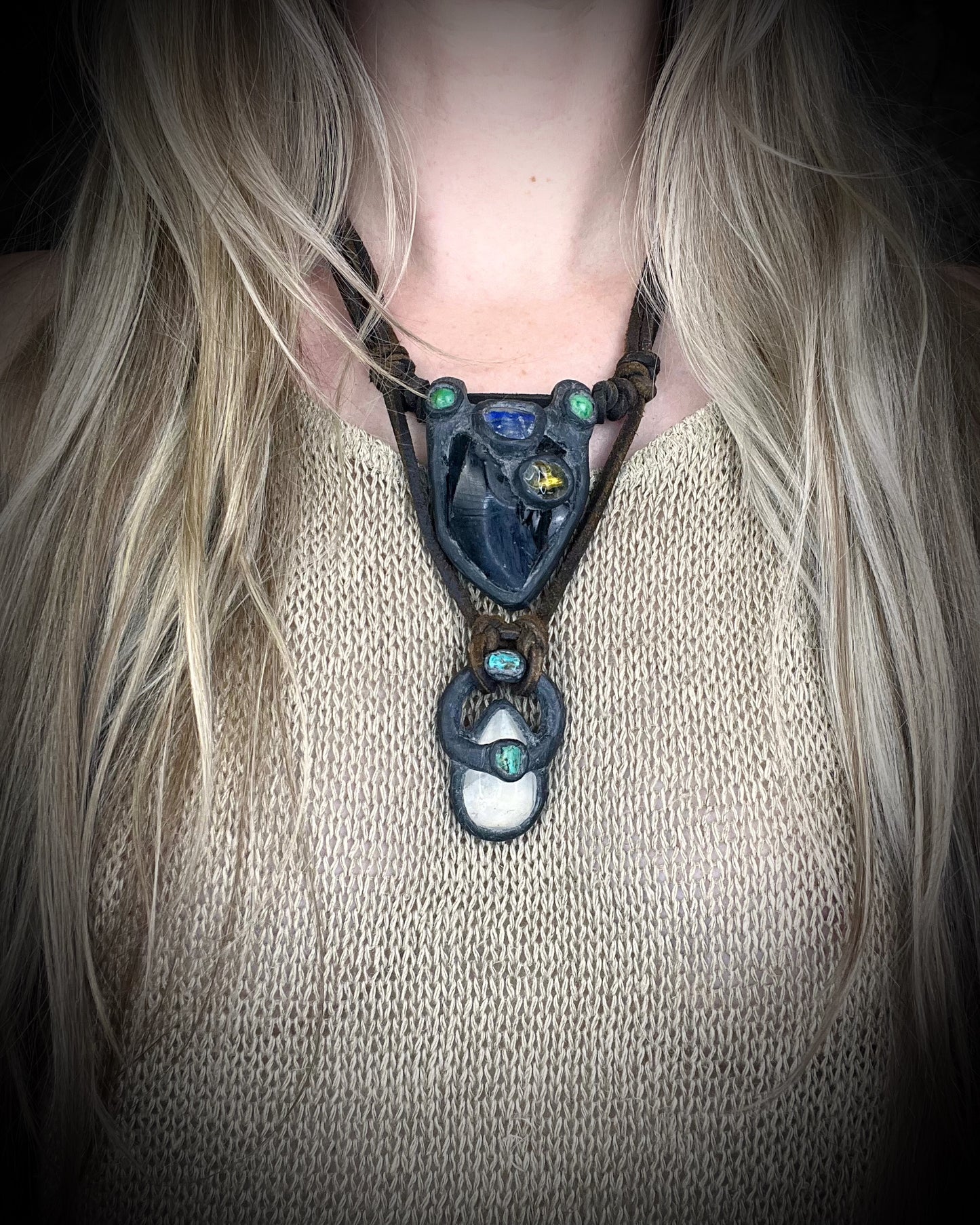 Handmade double strand crystal necklace with obsidian, lapis lazuli, citrine, chrysocolla, quartz, turquoise, black and brown leather, and handmade wire clasp by Anothai Hansen.