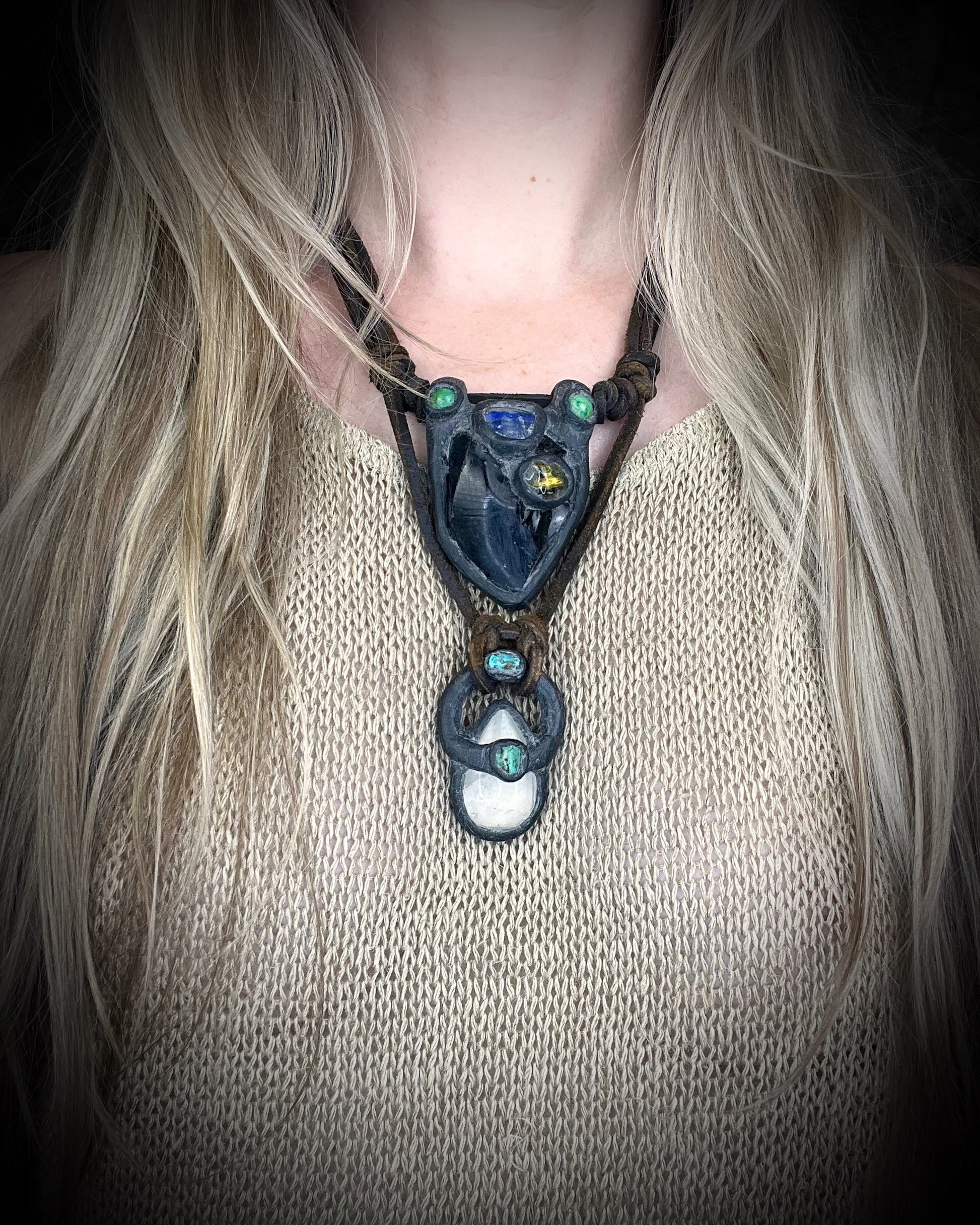 Handmade double strand crystal necklace with obsidian, lapis lazuli, citrine, chrysocolla, quartz, turquoise, black and brown leather, and handmade wire clasp by Anothai Hansen.