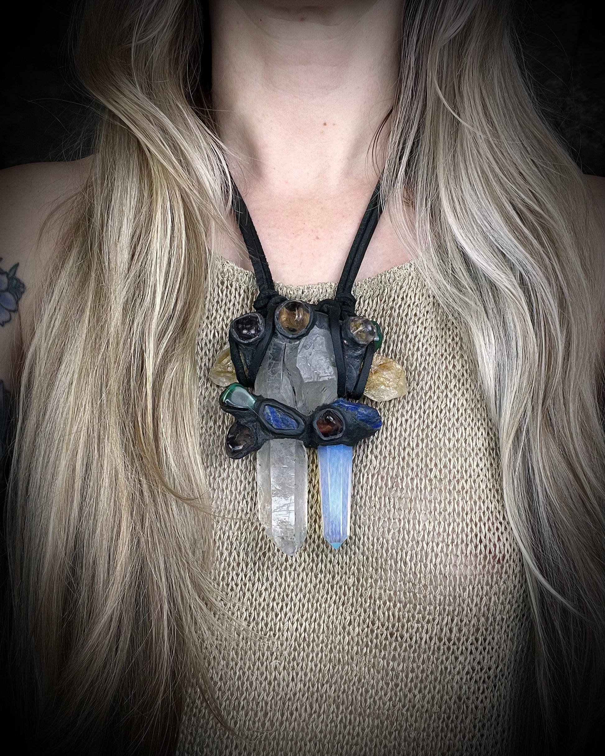 Handmade extra large crystal statement necklace with quartz crystals, opalite, lapis lazuli, citrine, jasper, and mixed gemstones on black leather with handmade wire clasp.