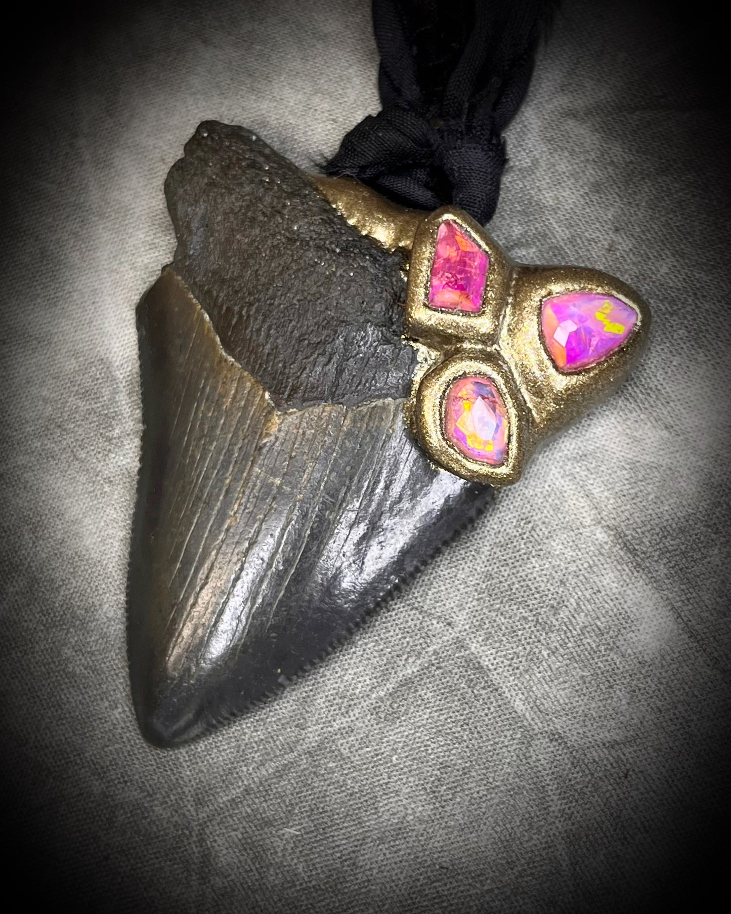 Handmade genuine fossil Megalodon Talisman necklace with bright pink Rubellite Tourmaline gemstones. Hung from elegant black Silk for summer adventures and magic, the perfect gift for her. 