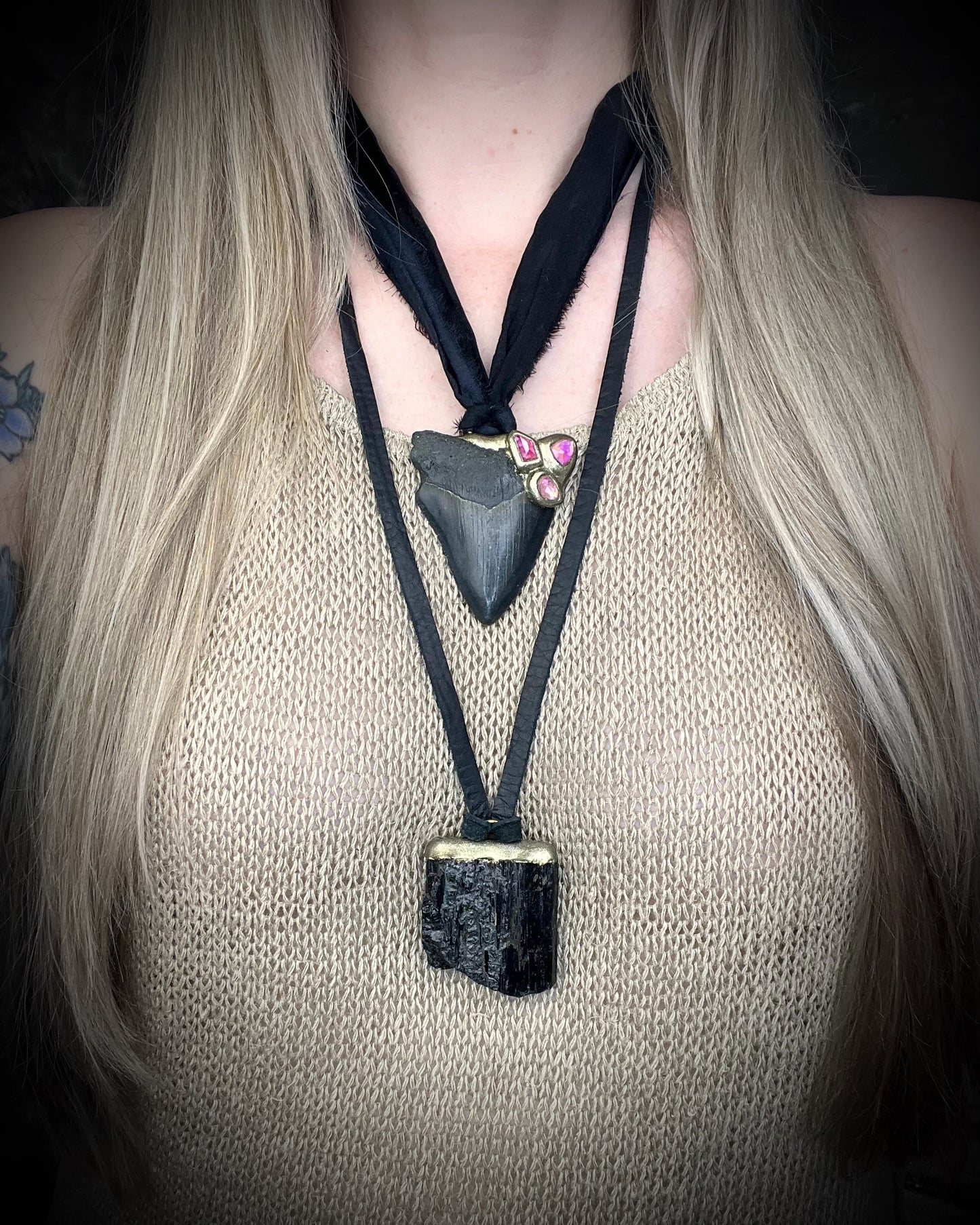 Handmade genuine fossil Megalodon Talisman necklace with bright pink Rubellite Tourmaline gemstones. Hung from elegant black Silk for summer adventures and magic, the perfect gift for her. layered here with grounding black tourmaline talisman.