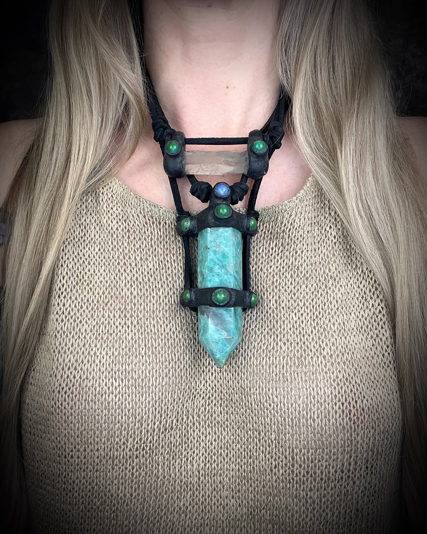 Handmade leather crystal necklace with XL amazonite point, quartz, chrysocolla, opalite, and handmade wire clasp by Anothai Hansen.