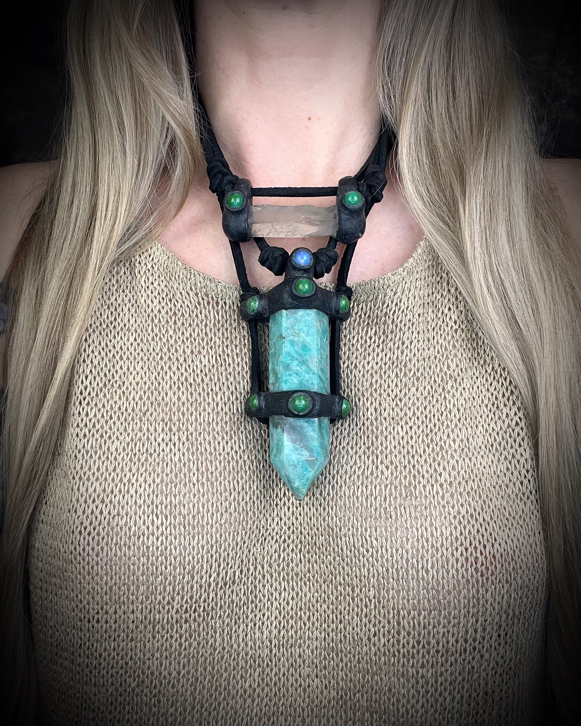 Handmade leather crystal necklace with XL amazonite point, quartz, chrysocolla, opalite, and handmade wire clasp by Anothai Hansen.