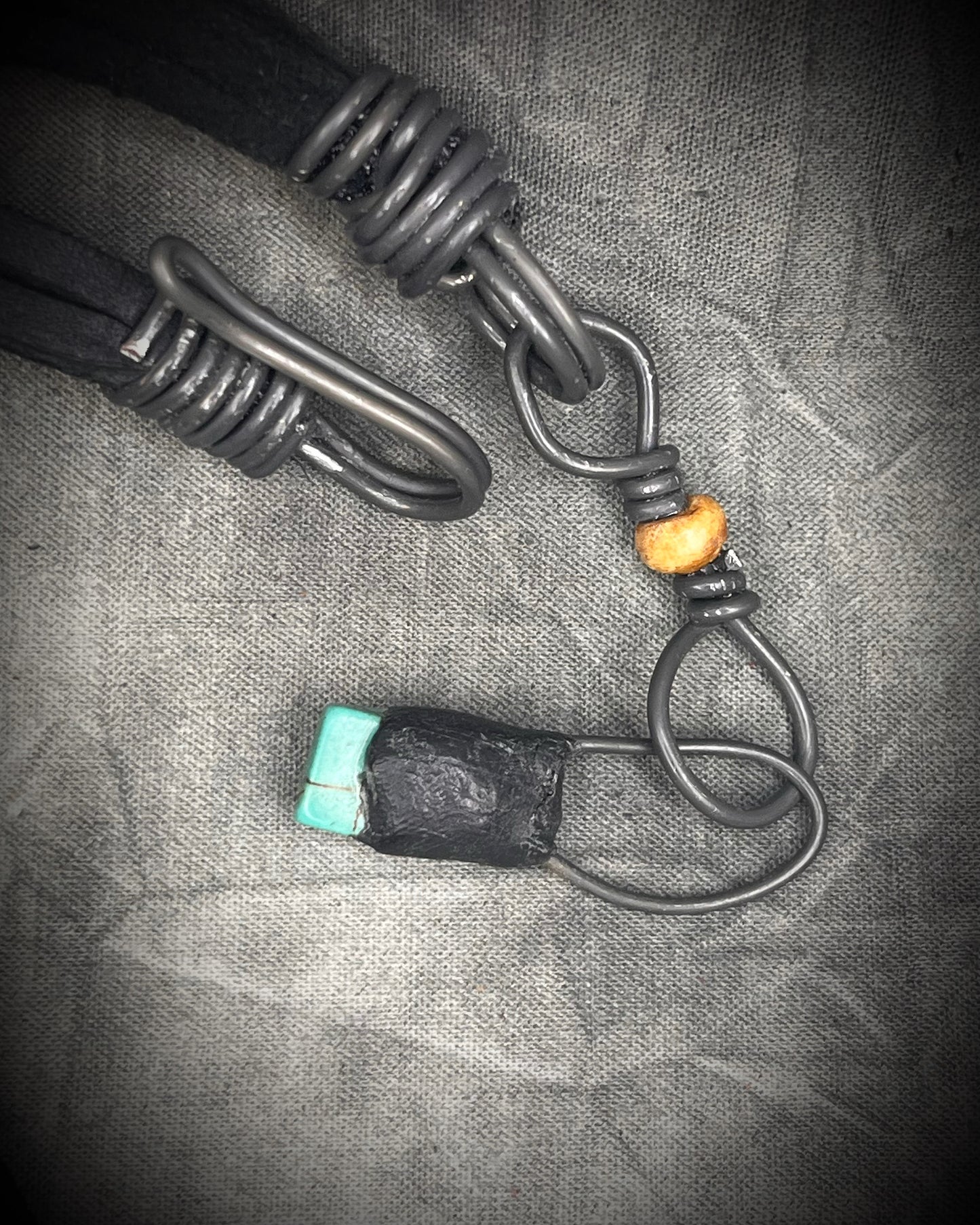 Handmade leather crystal necklace with XL amazonite point, quartz, chrysocolla, opalite, and handmade wire clasp by Anothai Hansen.