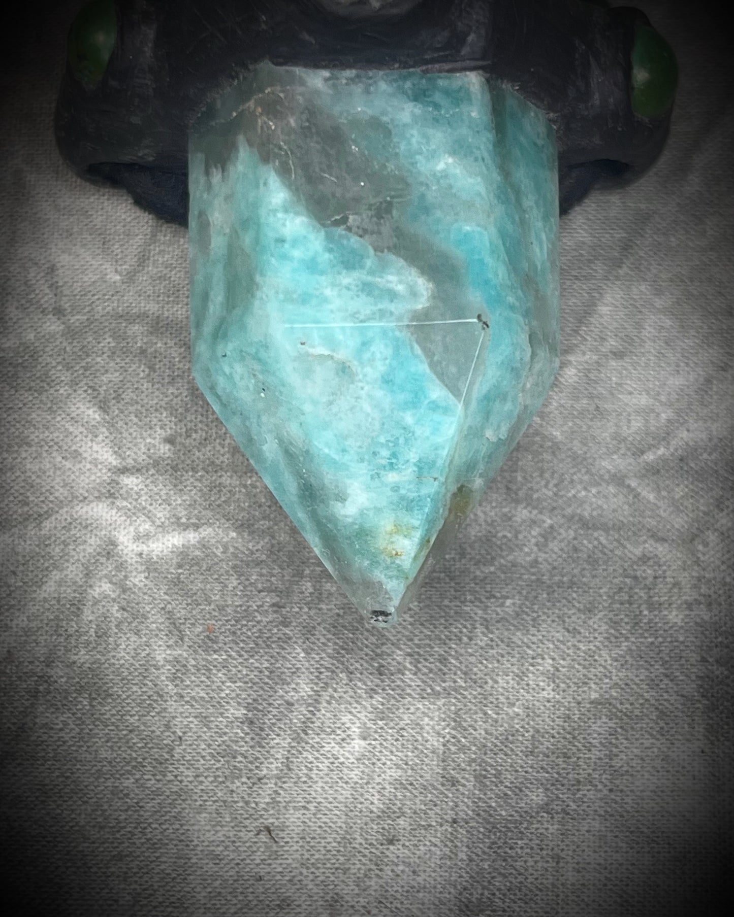Handmade leather crystal necklace with XL amazonite point, quartz, chrysocolla, opalite, and handmade wire clasp by Anothai Hansen.