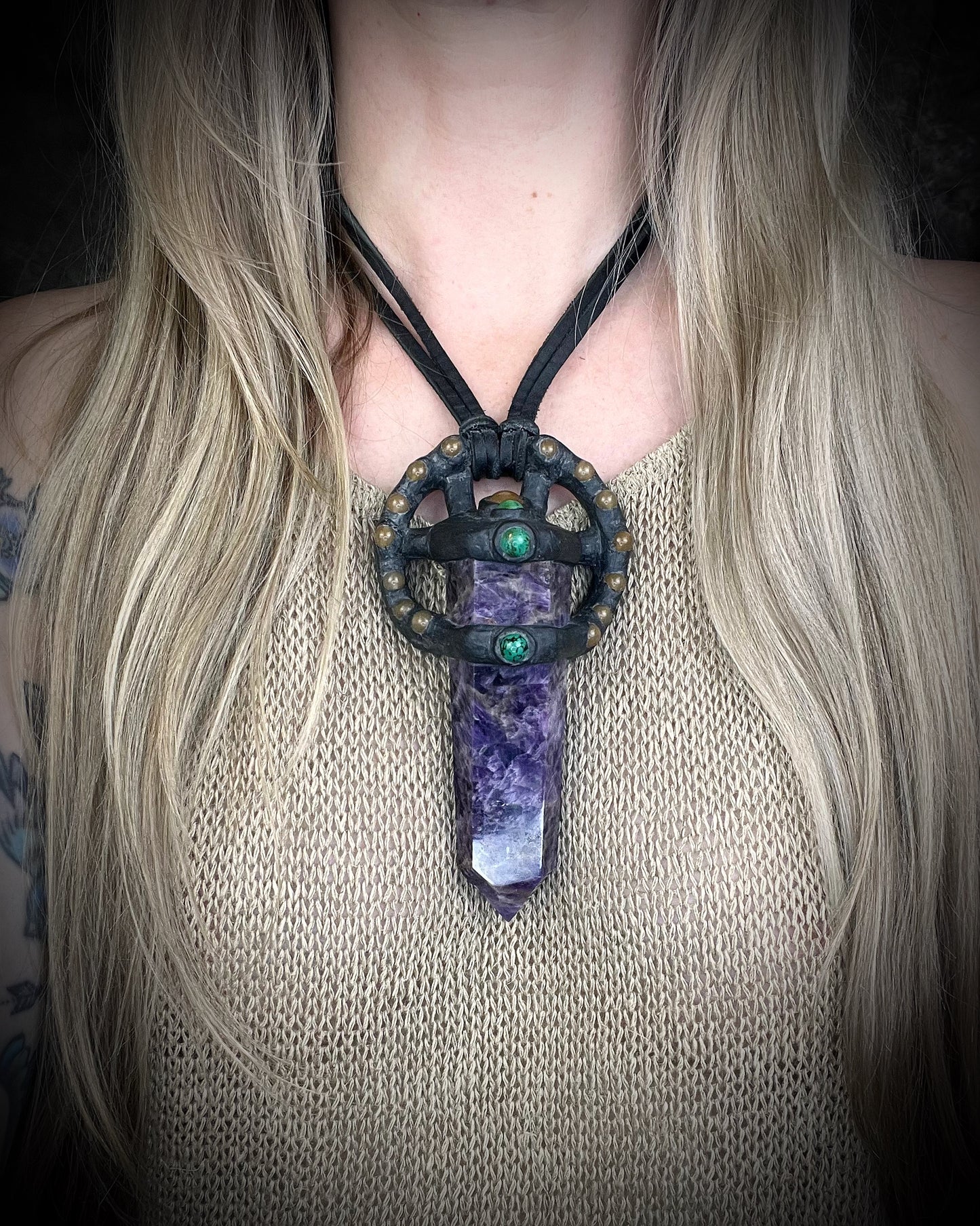 Handmade leather crystal necklace with XL amethyst point, honey jade, green chrysocolla, and handmade wire clasp by Anothai Hansen.